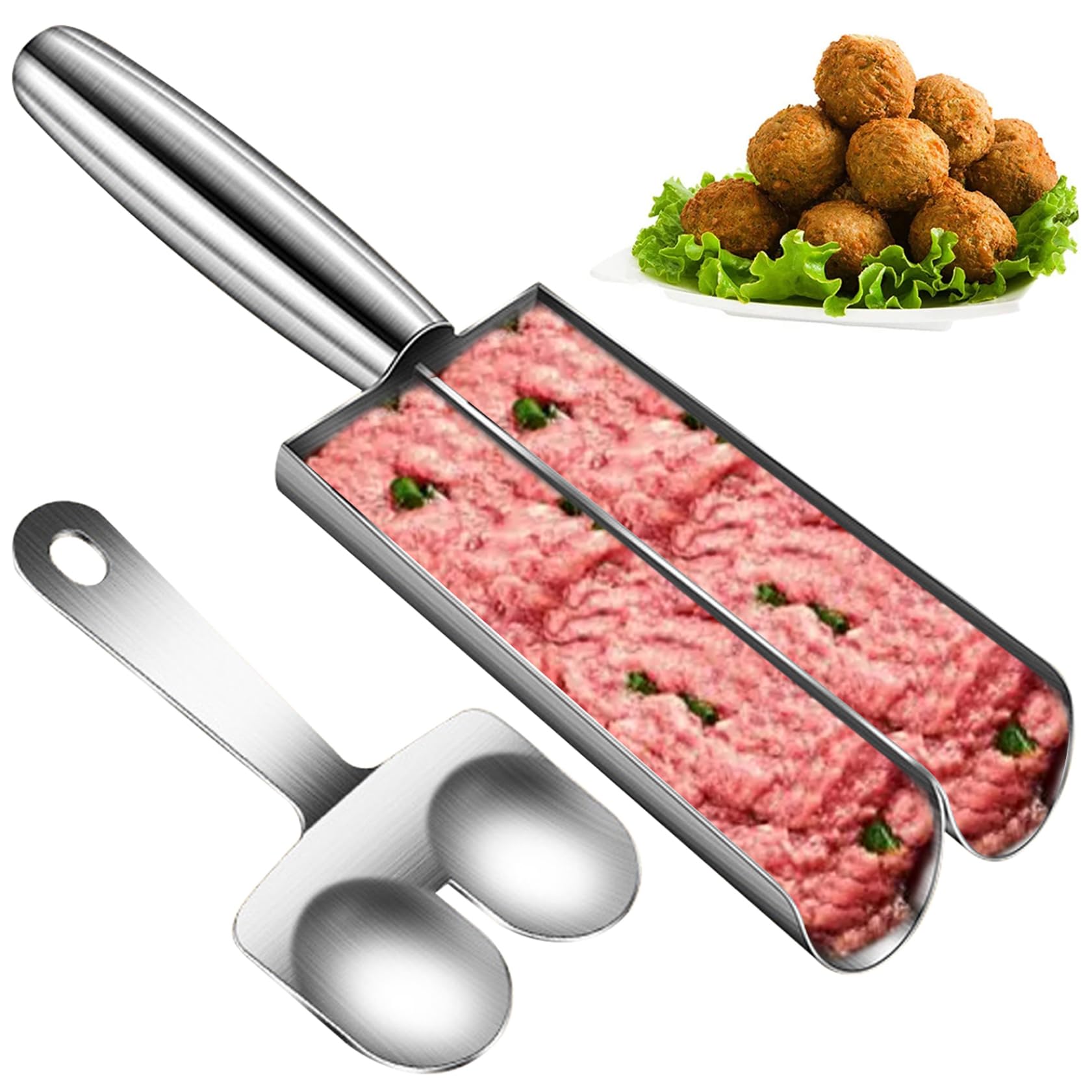 Stainless Steel Meatball Maker 2 Tube Meatball Scoop Ball Maker, Meatball Master with Cutting Spade, DIY Manual Meat Baller for 