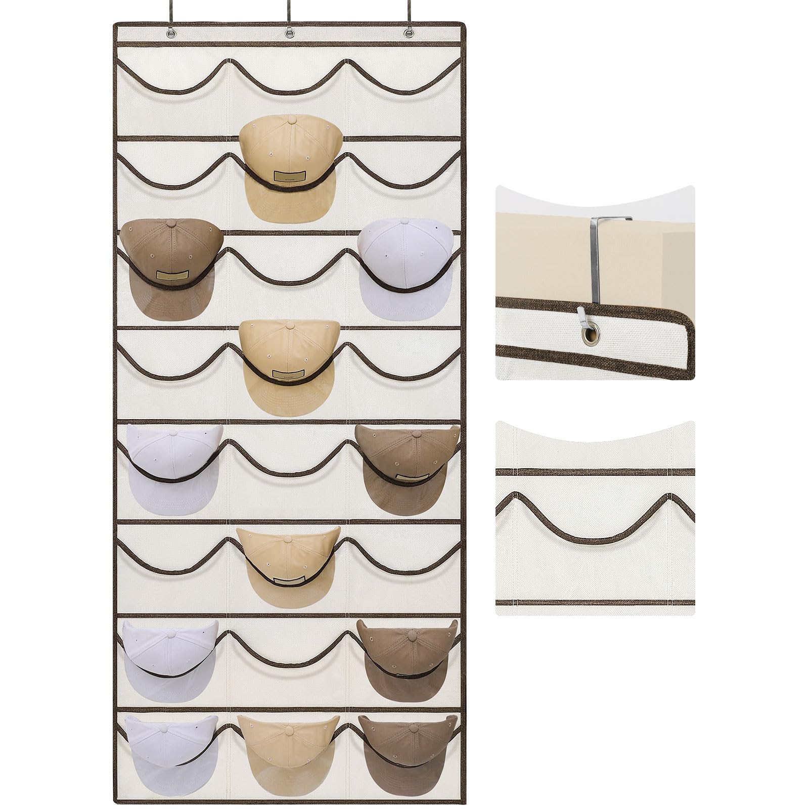 Loforhoney Home Hat Organizer For Baseball Caps With 24 Pockets, Over The Door Hat Rack With 3 Hooks, Hanging Storage Cap Holder