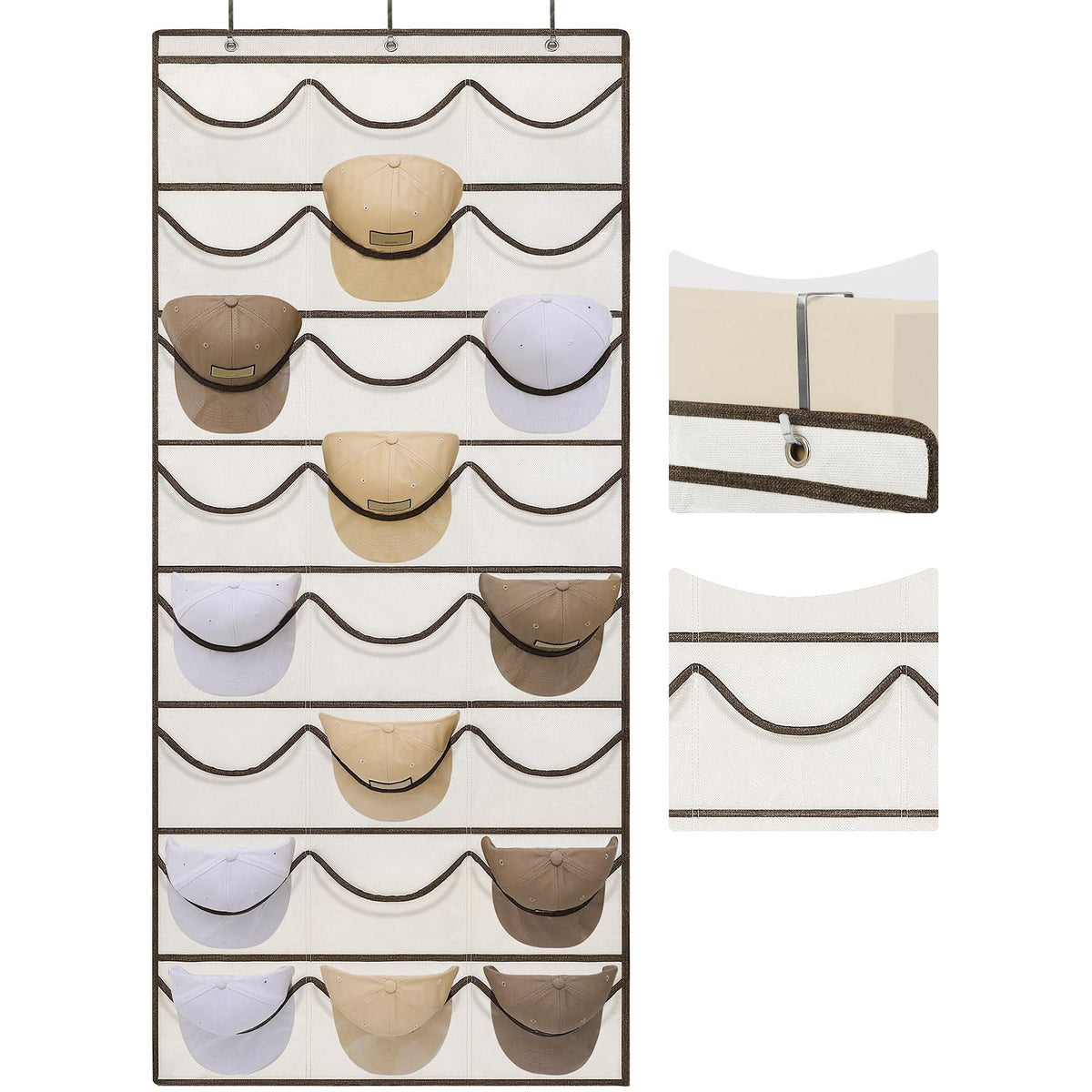 Loforhoney Home Hat Organizer For Baseball Caps With 24 Pockets, Over The Door Hat Rack With 3 Hooks, Hanging Storage Cap Holder