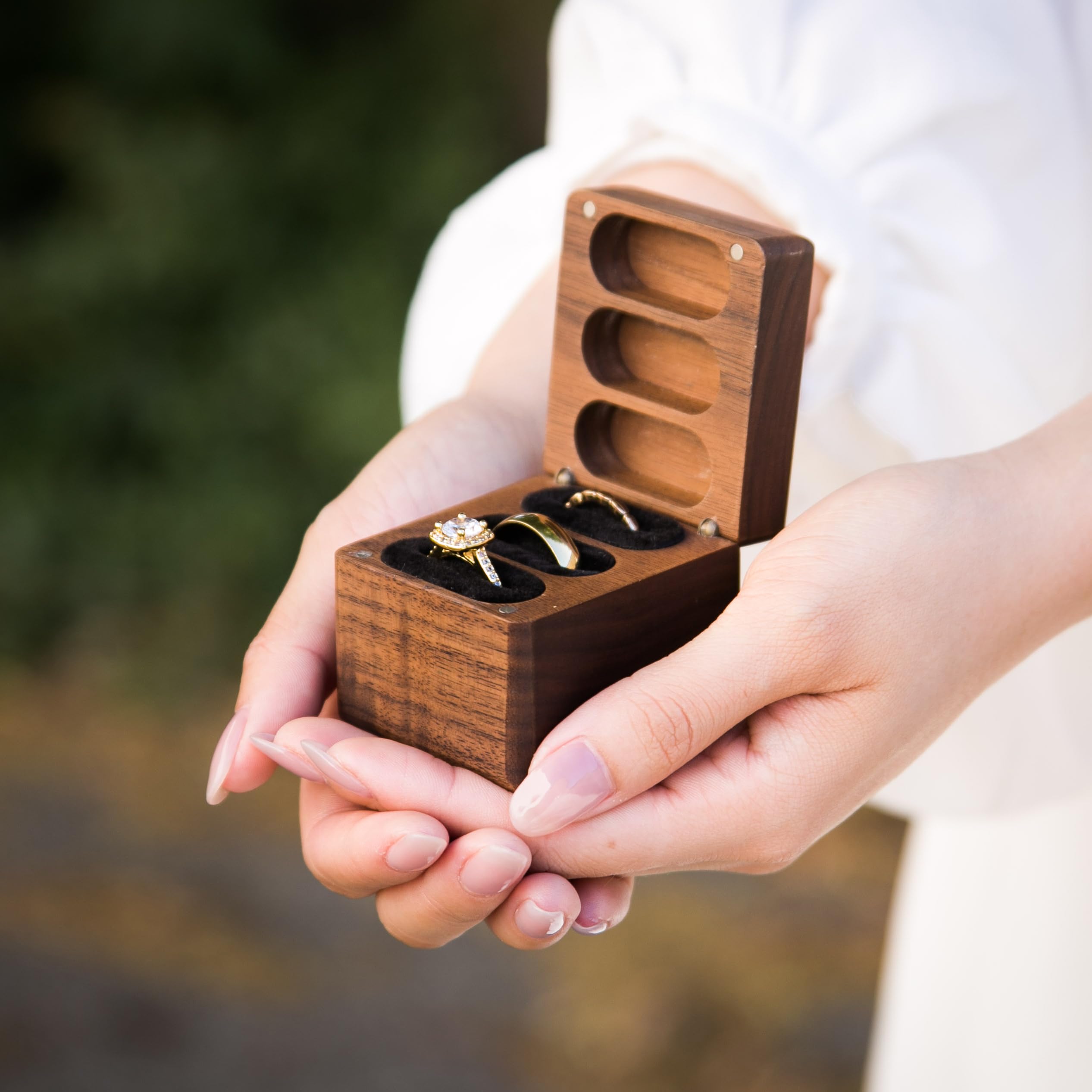 Muujee Wood 3 Slot Ring Box - Triple Wooden Ring Case Box For Wedding Ceremony Ring Bearer Box - Anniversary Birthday Gift Ideas
