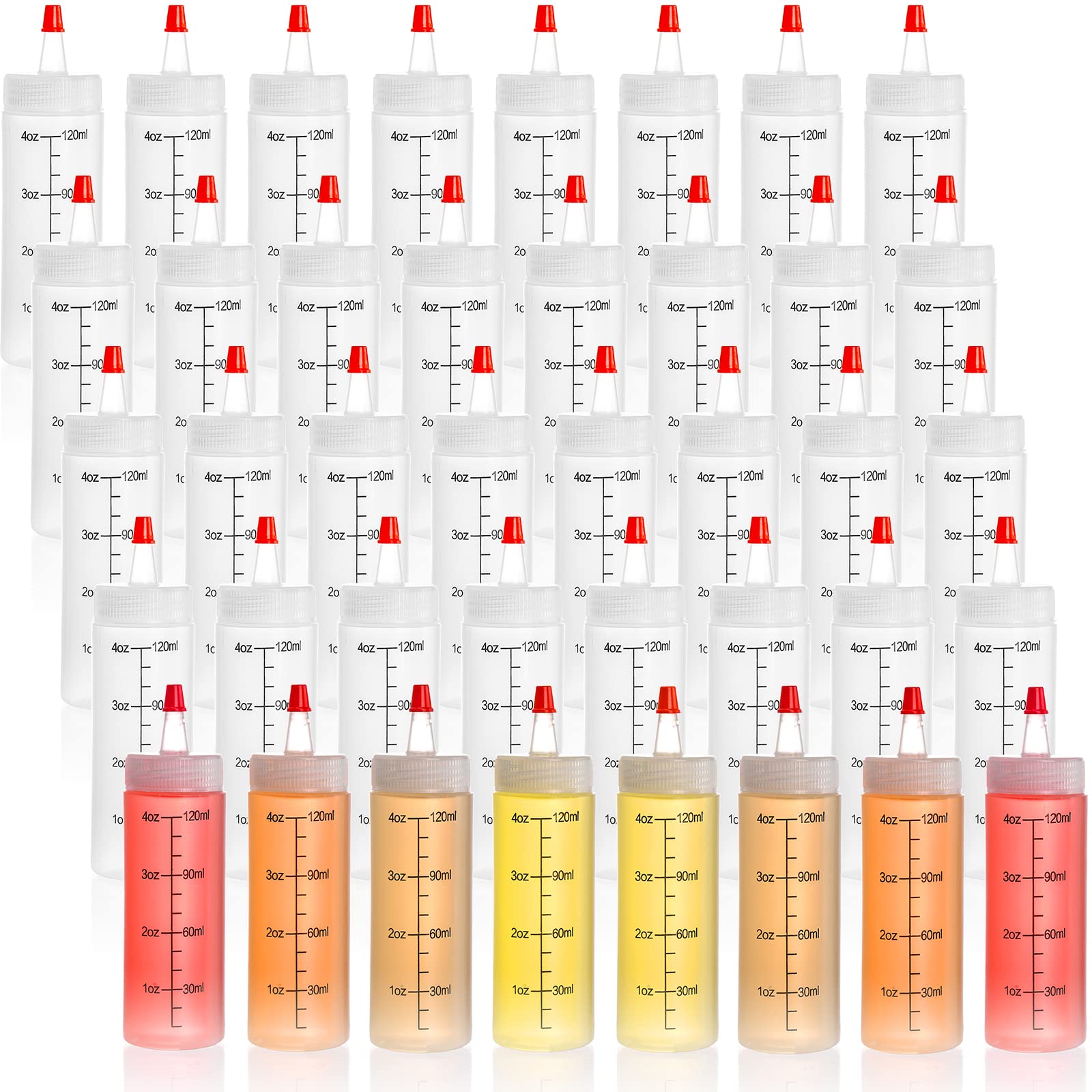 Foraineam 40 Pack 4 Oz (120 Ml) Small Condiment Squeeze Bottles With Red Tip Cap And Measurement, Durable Plastic Squirt Bottle
