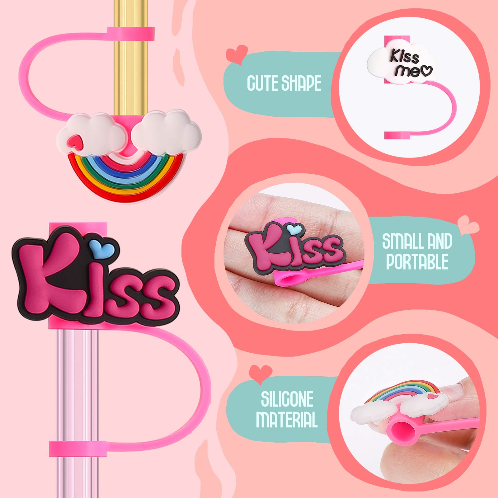 8Pcs Heart Straw Covers Reusable Kiss Straw Toppers Dust-Proof Rainbow Straw Tips Plugs For Mothers Day Wedding Party Moms Birth