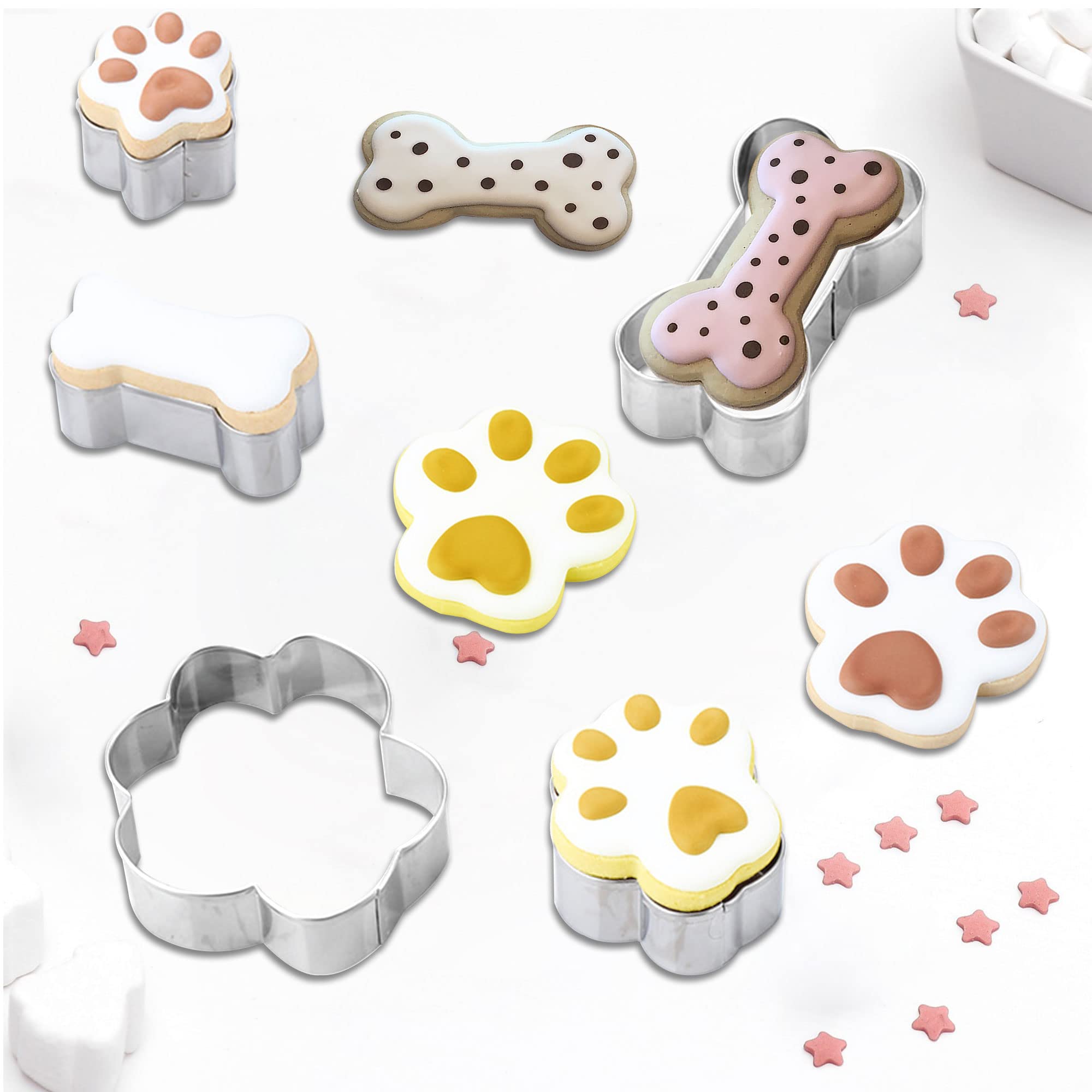 Hottion 8Pcs Dog Bone And Dog Paw Print Cookie Cutters Set, Metal 4 Sizes Dog Bone Paw Shape Cookie Cutters, Dog Theme Party Coo