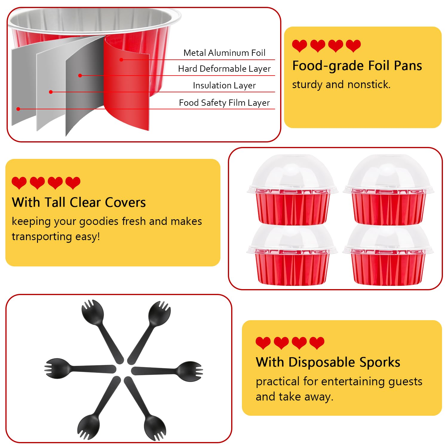 Red Cupcake Liners Muffin Tins 50 Pack,Free-Air 5Oz Aluminum Foil Baking Cups With Lids,Disposable Ramekins Cupcake Pans,Jumbo M