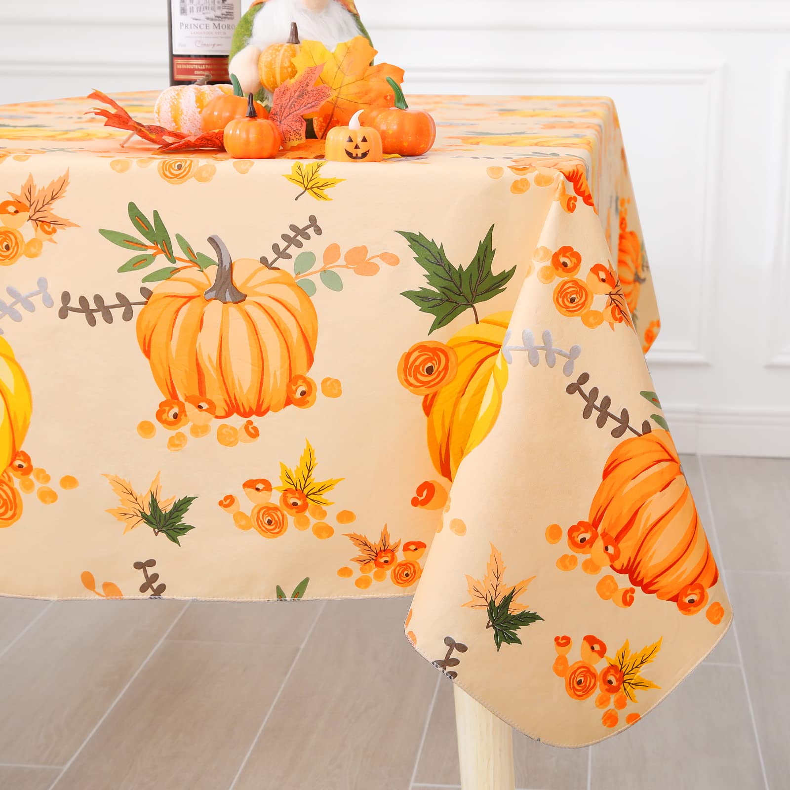 Smiry Pumpkin Flannel Backed Vinyl Tablecloth, Waterproof Rectangle Table Cloth, Wipeable Halloween Table Cover For Fall Picnic