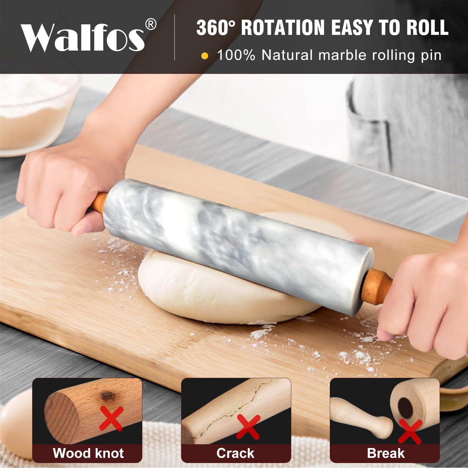 Walfos Marble Rolling Pin With Wooden Handles & Wood Cradle, 16.5 Inch Marble Rolling Pins For Making Pizza Dough And Tortillas,