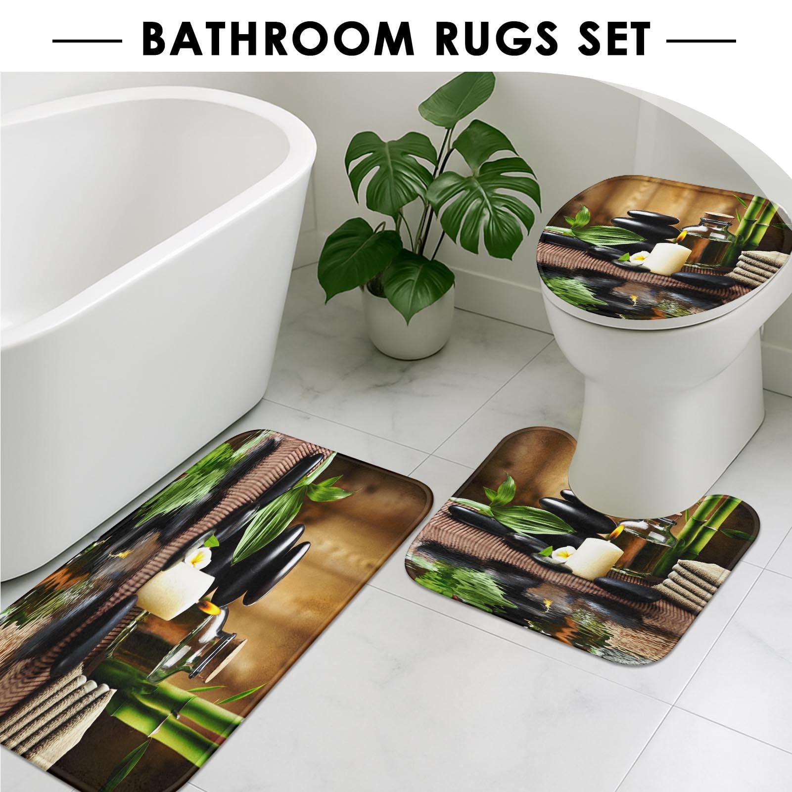 ArtSocket 4 Pcs Shower Curtain Set Stones spa Oil Wood Massage Relax Candle ayurvedic Water Bamboo Green with Non-Slip Rugs Toilet Lid Cover and Bath Mat Bathroom Decor Set 72 '' x 72 ''