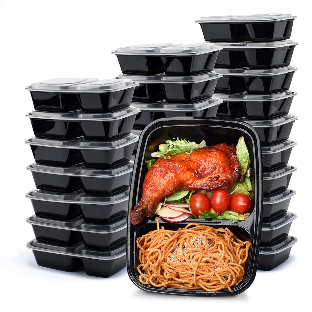 Glotoch 50 Pack 32 Oz Meal Prep Containers Reusable, 2 Compartment Food Containers With Lids To Go Containers, Lunch-Microwave,F