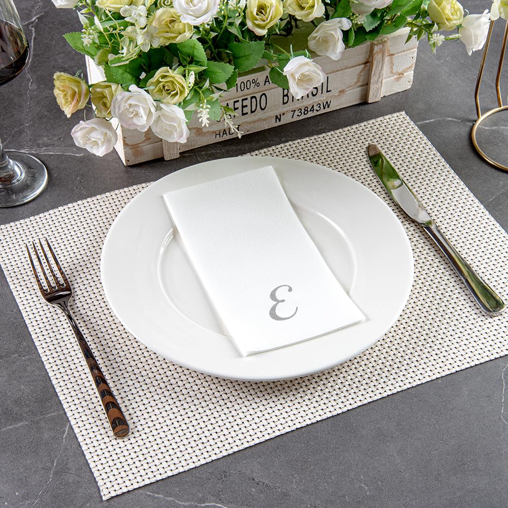 Luxenap 15.8 X 7.9 Inch Linen-Feel Guest Towels, 2000 Lettered Hand Towels - Silver Letter 'E', Cursive Font, White Paper Dinner