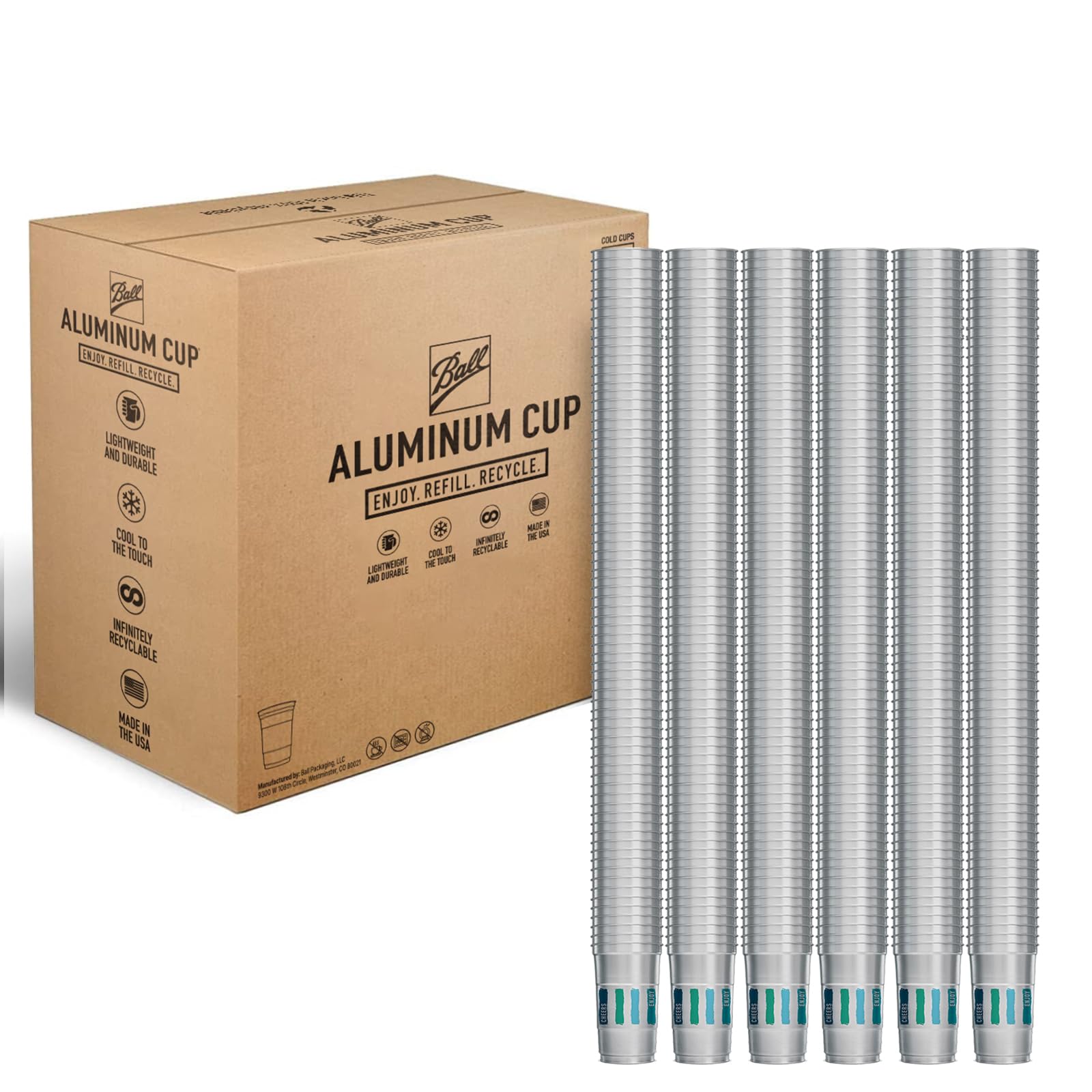 Ball Aluminum Cup Recyclable Party Cups, Wholesale Bulk Pack, Everyday Logo, 24 Oz. Cup, 450 Cups Per Pack