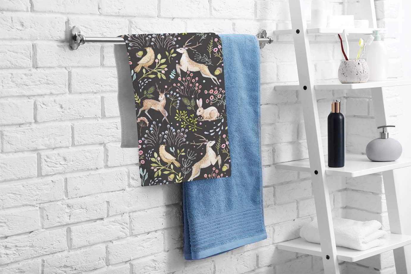 Ofloral Deer And Rabbit Hand Towels Cotton Washcloths,Watercolor Flowers And Bird On Branch Dark Super-Absorbent Soft Towels For