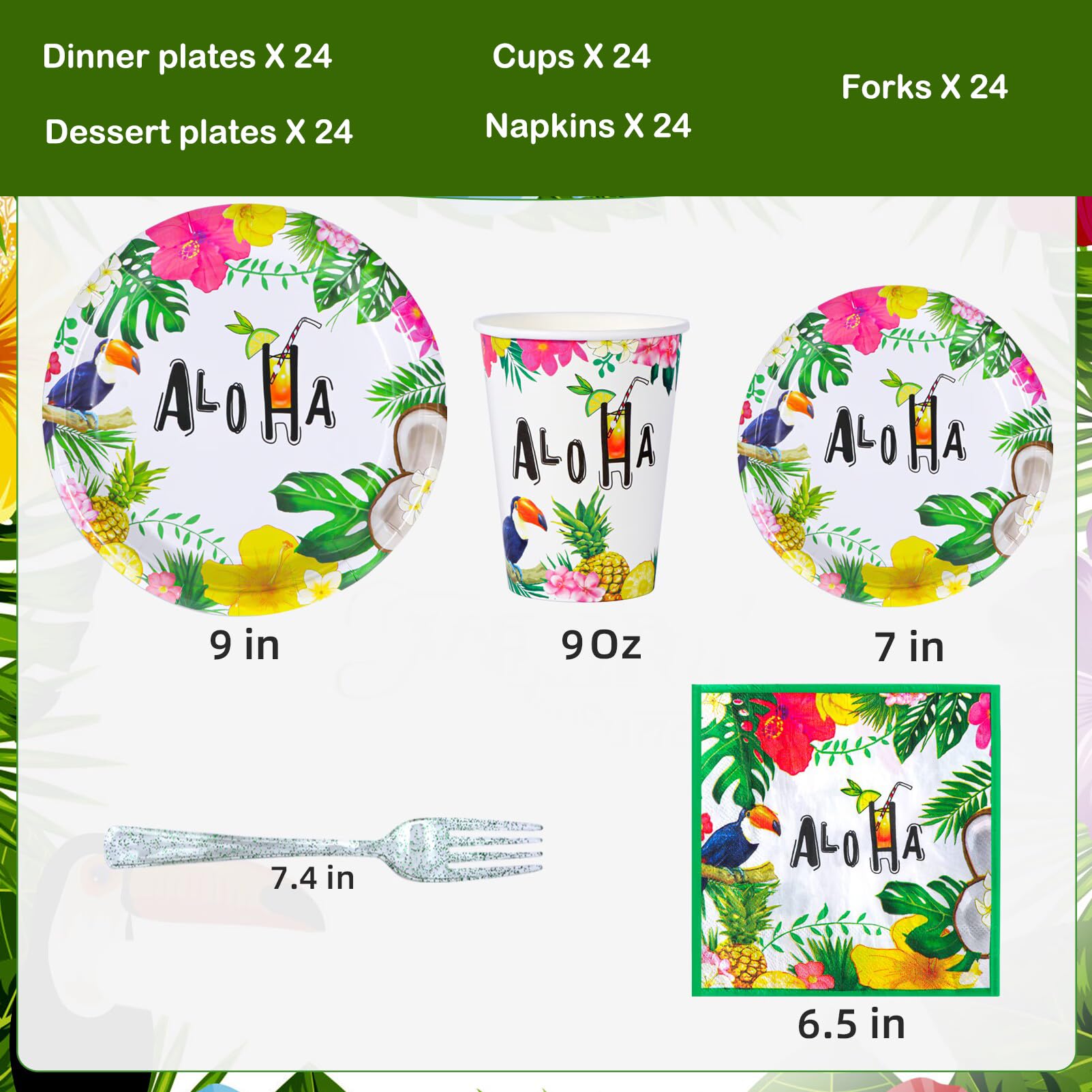 Atonofun Hawaiian Luau Party Supplies  Disposable Hawaiian Plates and Napkins Set  Aloha Party Plates and Cups  Napkins and Cutlery for Hawaiian Luau Birthday Party Decorations Serves 24