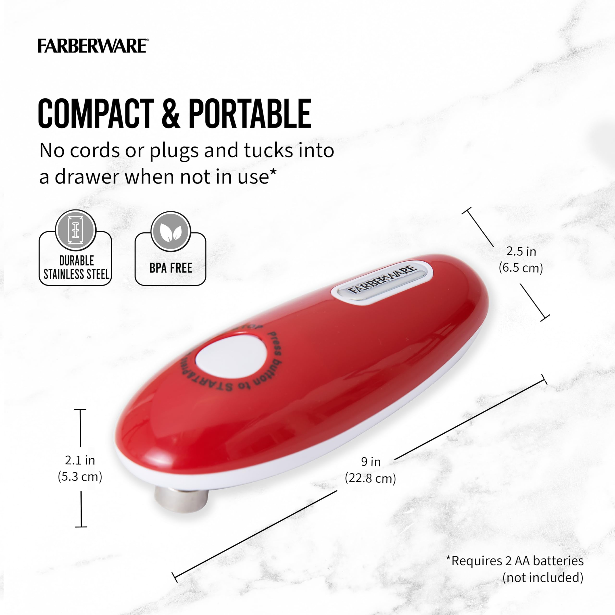 Farberware Hands-Free Automatic Can Opener, Red, Plastic, 9.06 x 2.56 x 2.17 Inch, Model 5165022