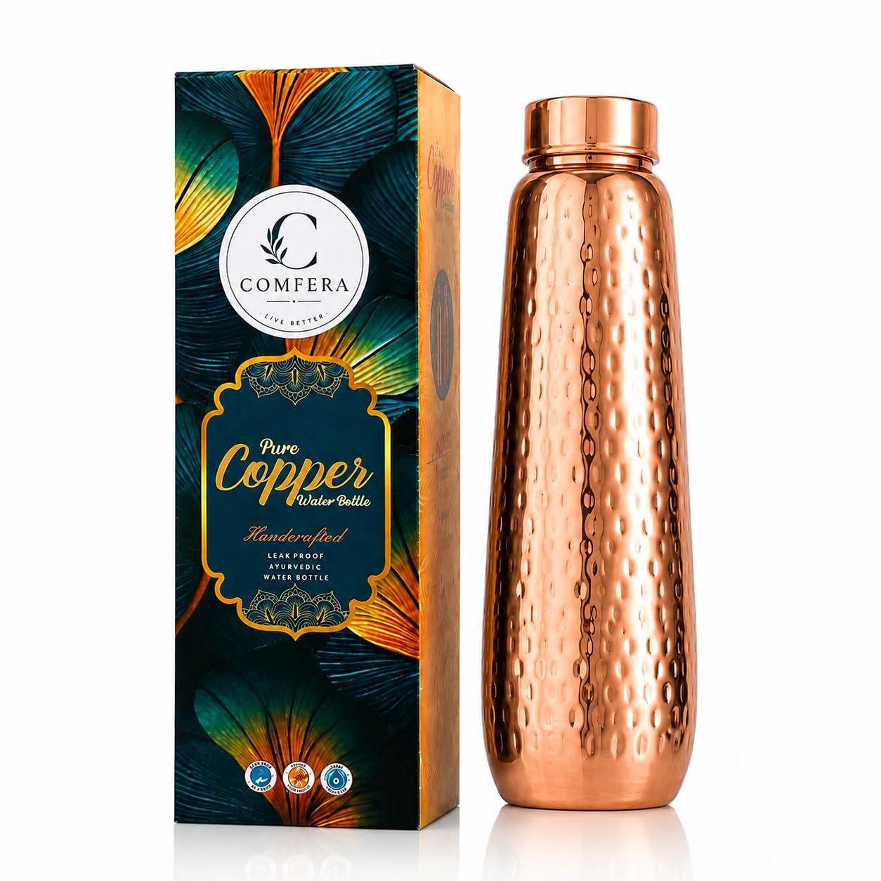 COMFERA Pure Copper Bottle, 32oz/950ml water bottle for drinking, Leakproof unique hammered designed bottle for Home, Gym, Schoo
