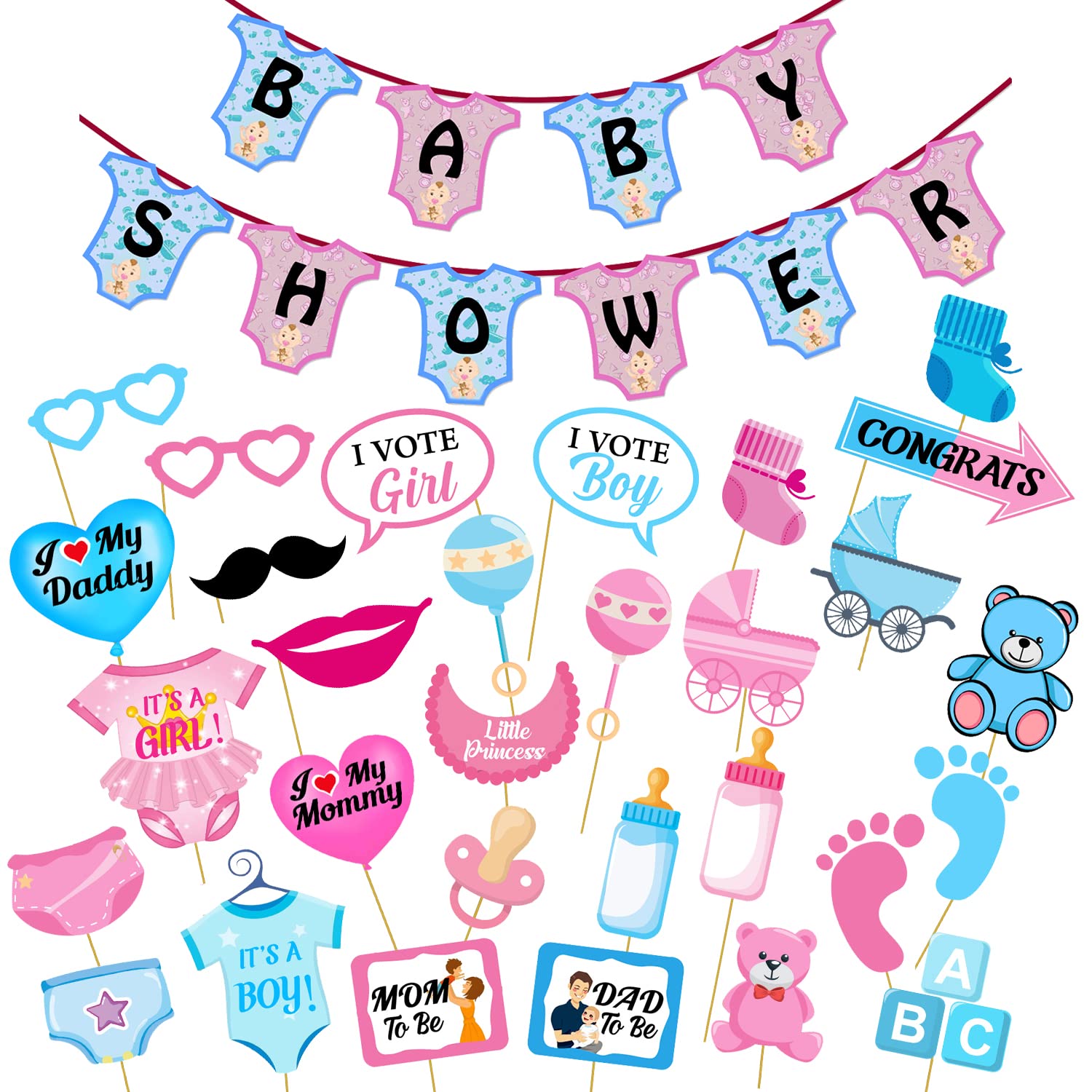 Zyozique Baby Shower Decorations Props,Baby Shower Party Supplies Included Baby Shower Letter Tshirt Paper Banner and Photo Boot