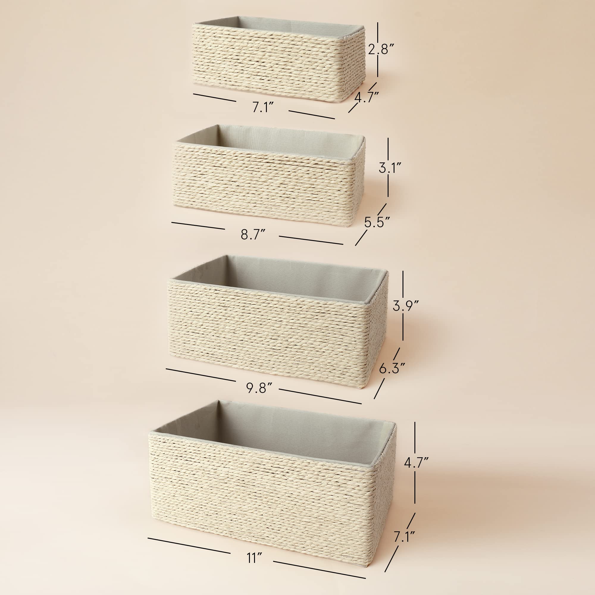 Storage Baskets Set 4 - Stackable Woven Basket Paper Rope Bin, Storage Boxes For Makeup Closet Bathroom Bedroom (Beige)