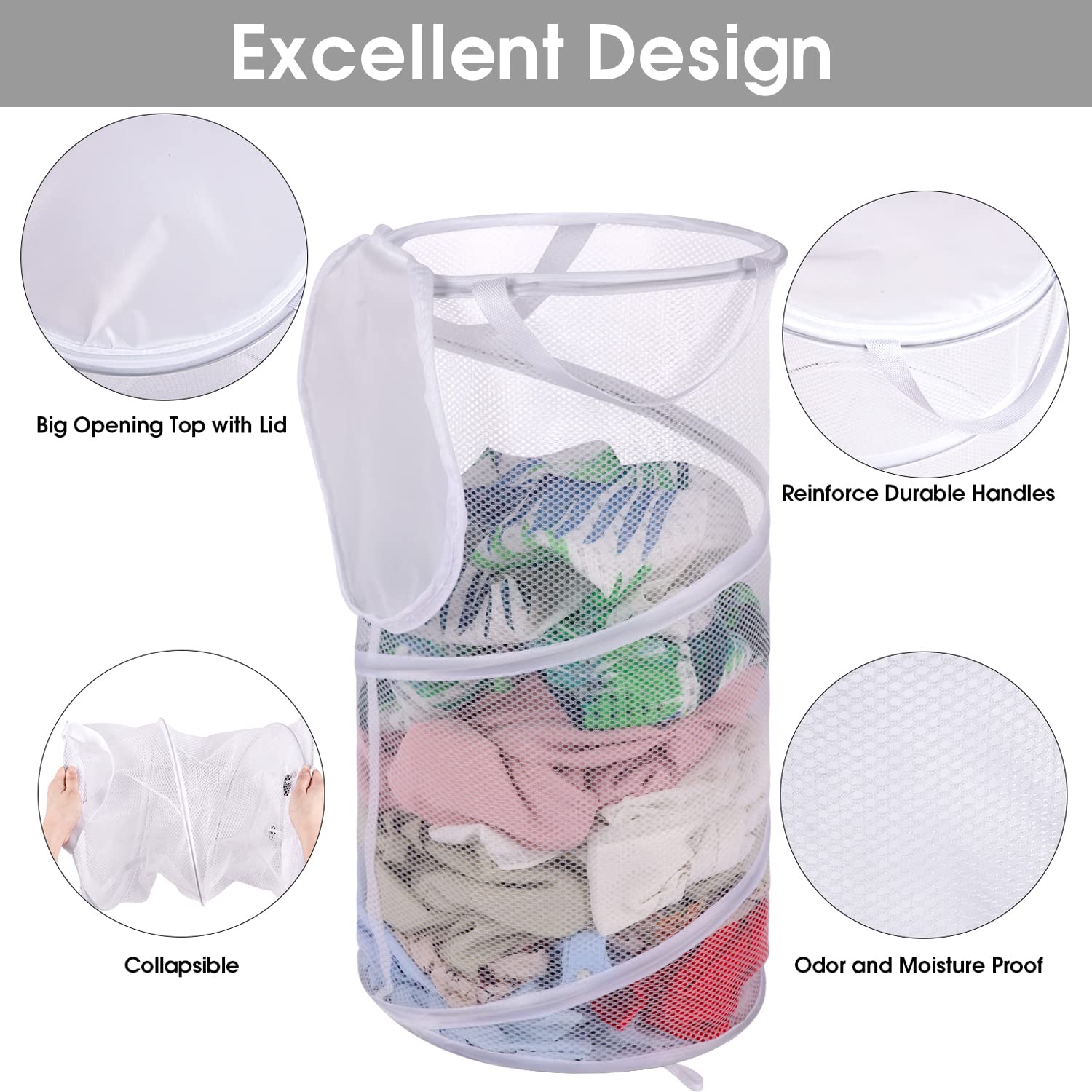 Battoo Large Collapsible Laundry Basket With Lid Foldable Mesh Pop Up Hamper With Handles For Laundry Room, Bathroom, Kids Room,