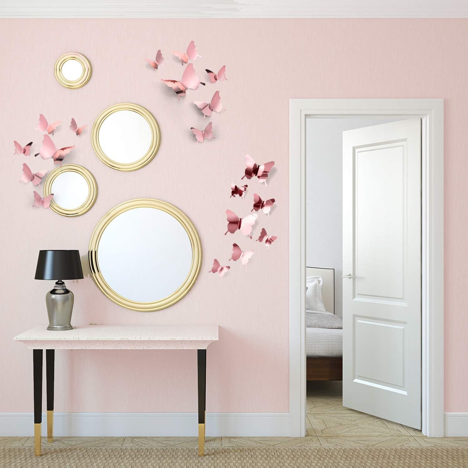 48 Pieces Butterfly Wall Decor Diy Mirror 3D Butterfly Stickers Removable Decals For Home Bedroom Bathroom Living Room Decor(Ros