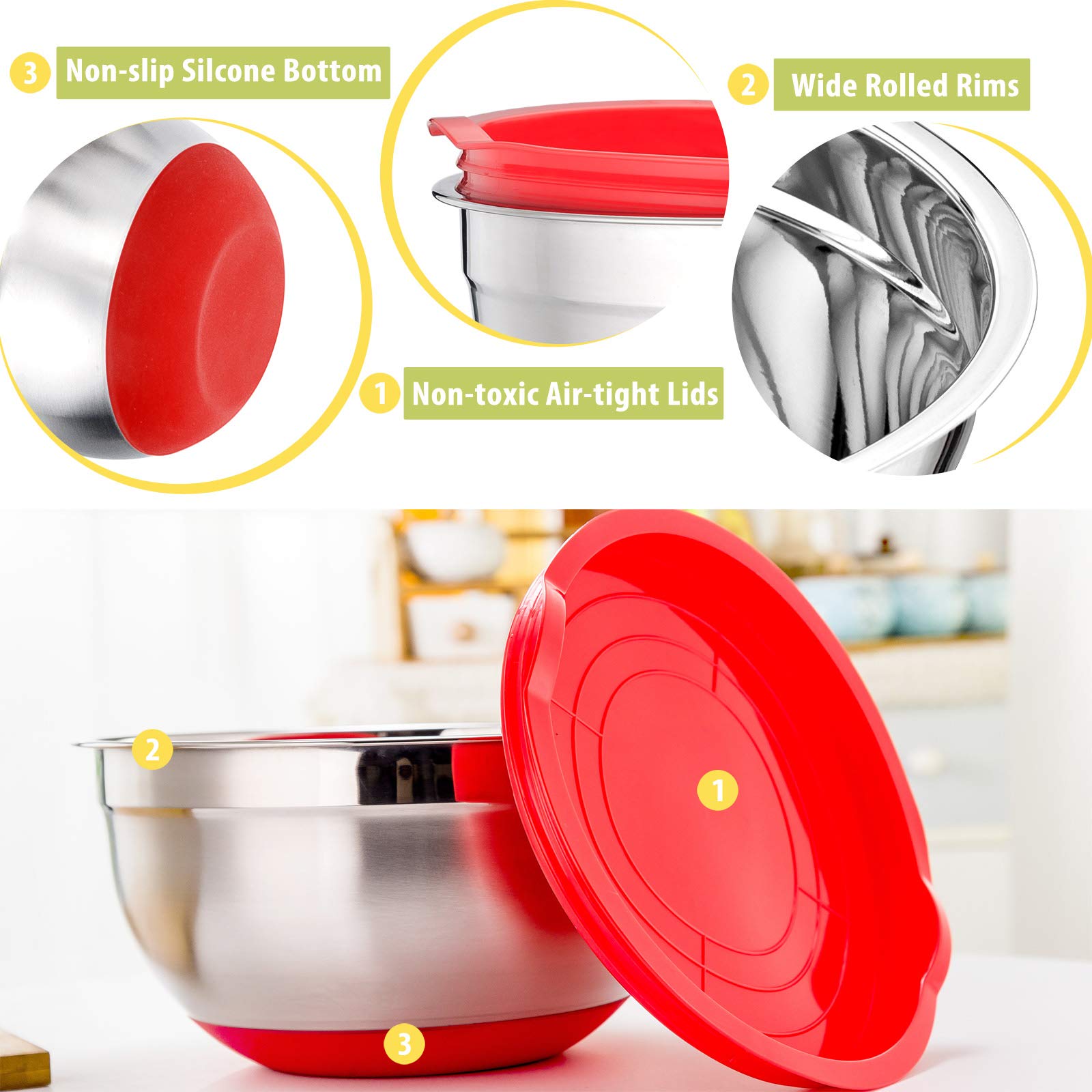 E-Far Stainless Steel Mixing Bowls Set Of 5, Size 7/3.5/2.5/1.5/1 Qt, Metal Nesting Bowls With Colorful Airtight Lids & Non-Slip