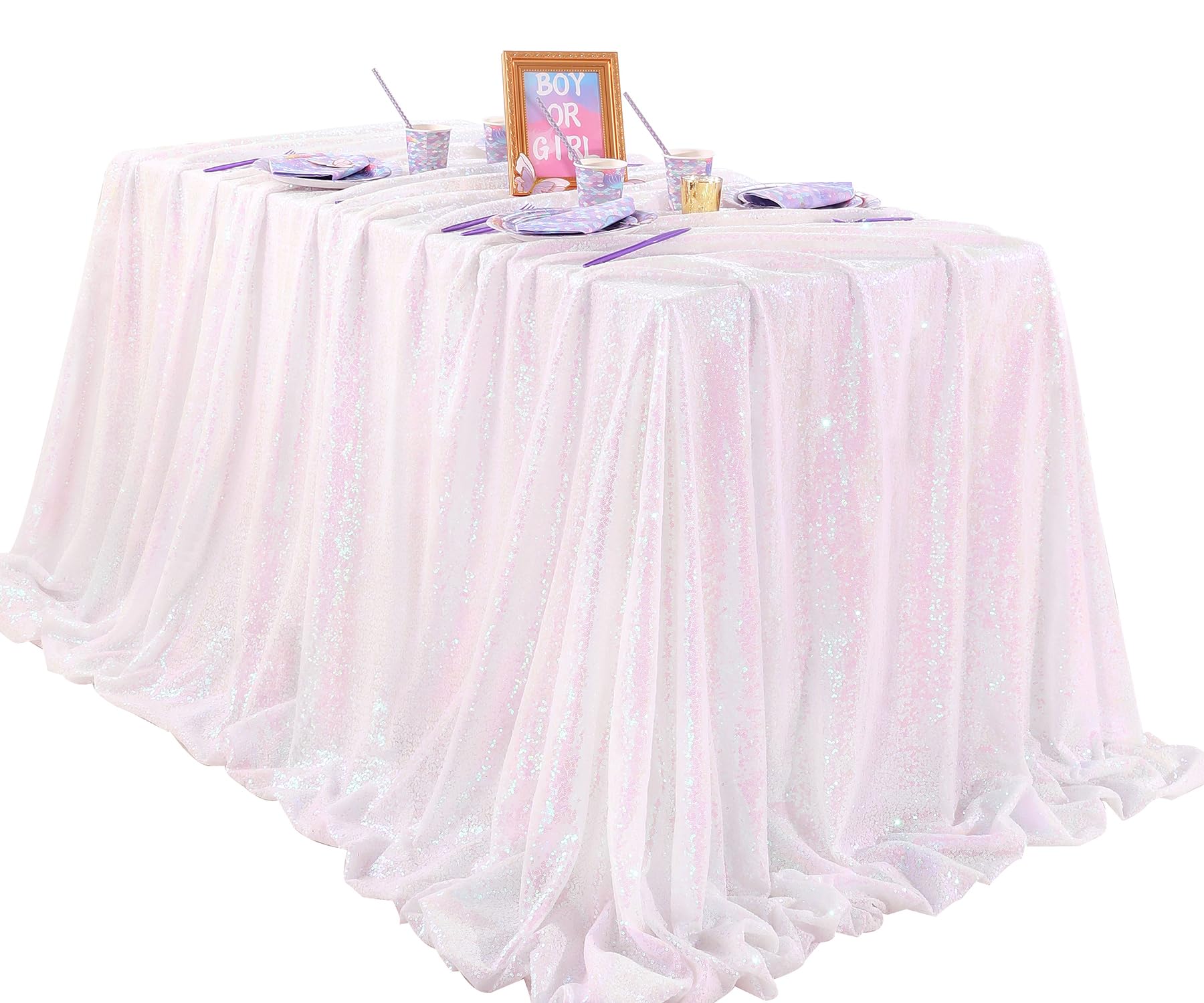 Queendream Iridescent Mermaid Themed Party Decorations: 90X90 Inch Sequin Table Cloths White Birthday Tablecloth Glitter Fabric