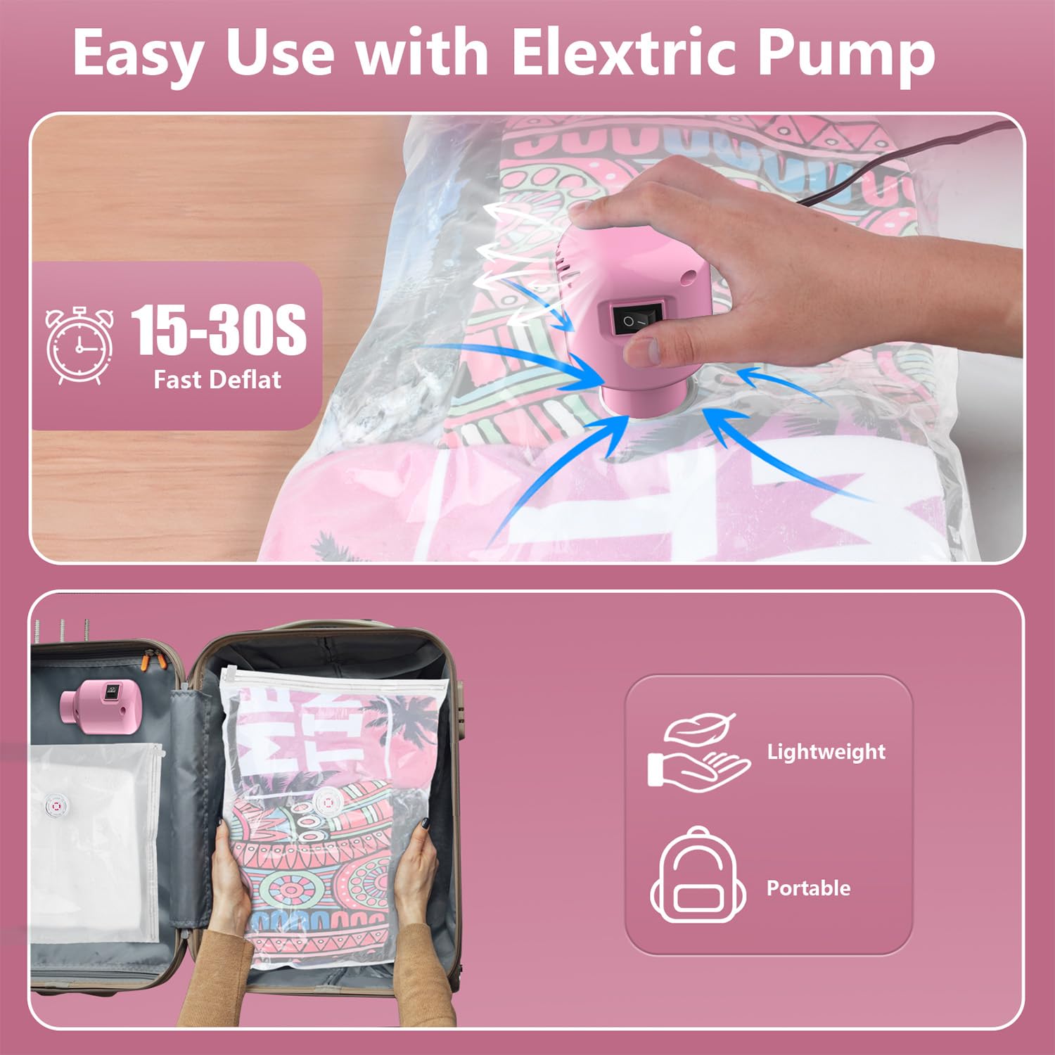 Vacuum Seal Bags for Clothing Travel, 5 Pack Space Saver Vacuum Storage Bags with Electric Pump,Portable Compression Sealer for