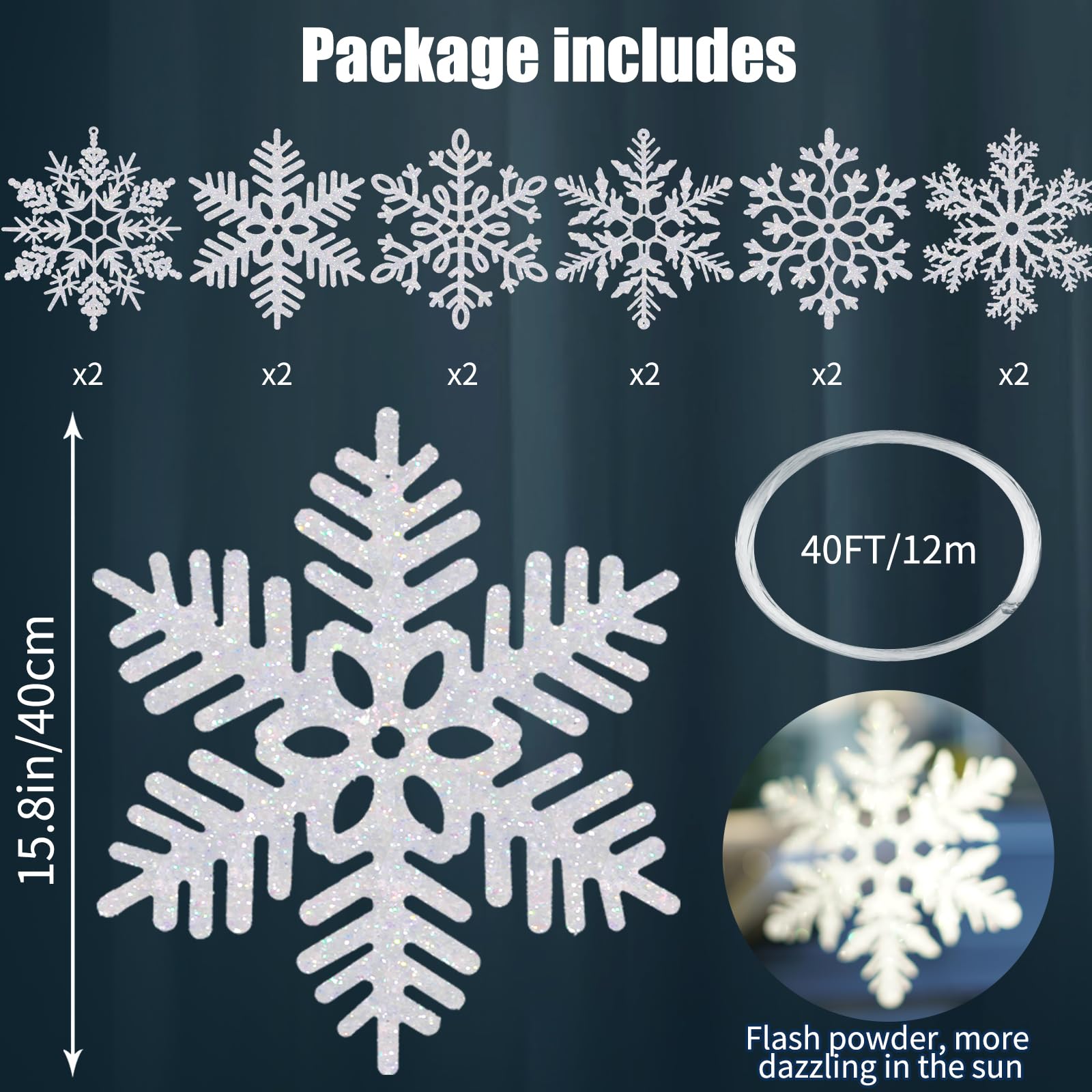 12 Pcs 15.8'' Large Snowflake Decorations - Giant Hanging Snowflakes, Plastic Snowflakes for Indoor & Outdoor Christmas Decor, P