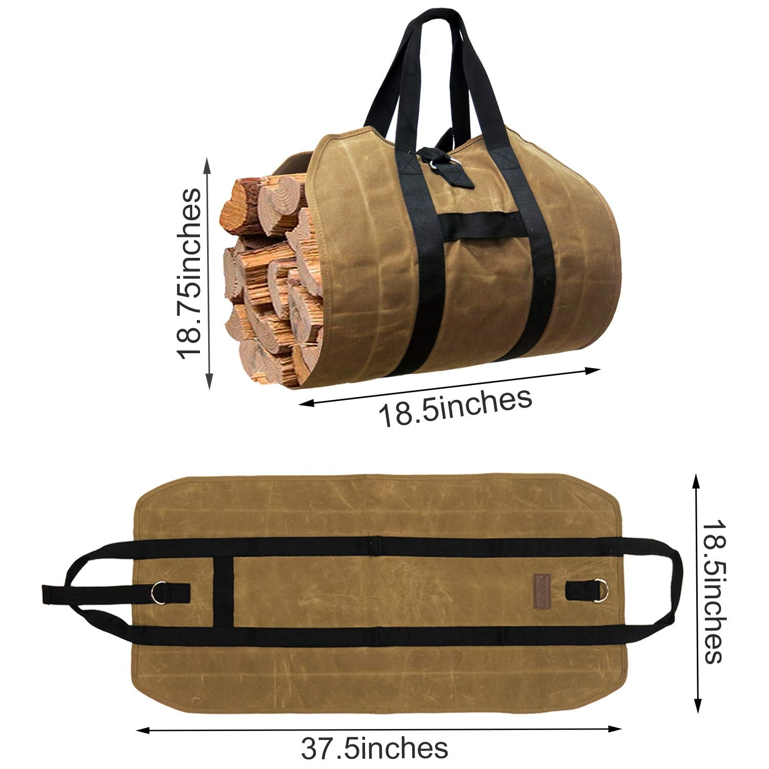 Firewood Carrier, Heavy Duty Canvas Bag, Large Log Waxed Carrier Tote Bags Fireplace Logs Wood Stove Accessories, Campfire Chime