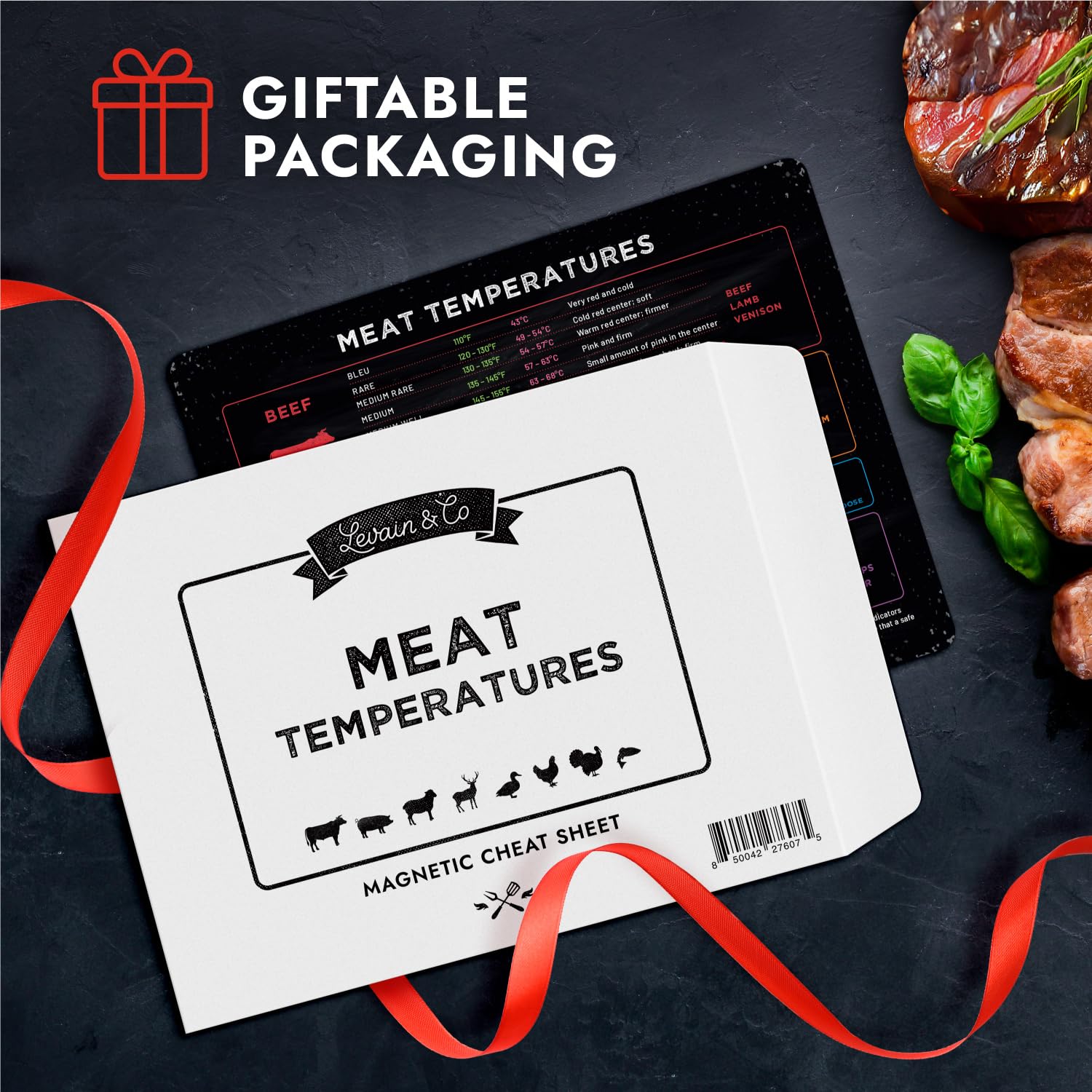 Levain & Co Meat Temperature Magnet - Beef, Poultry, Fish & Pork Cooking Temperature Chart - Horizontal Meat Temperature Chart -