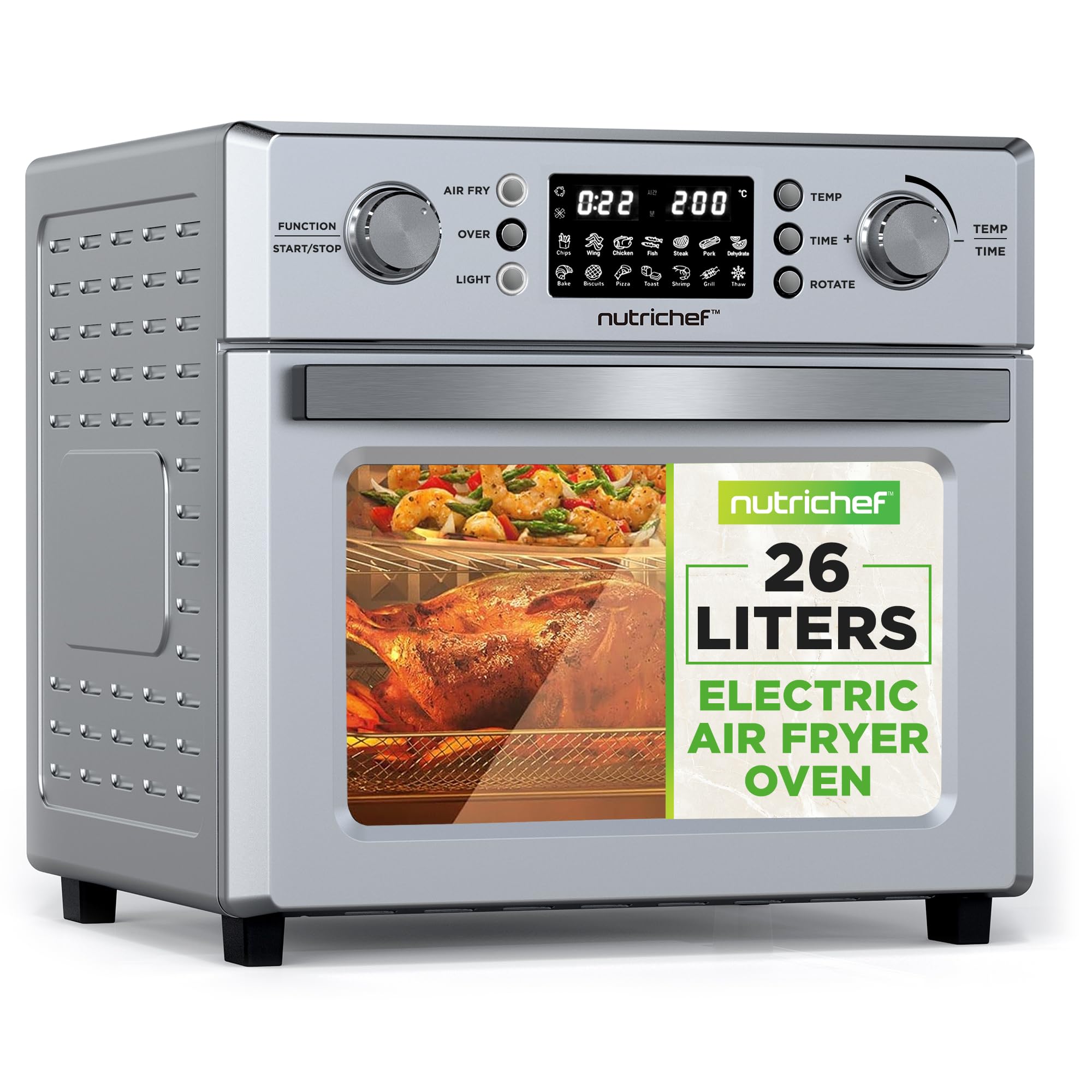 NutriChef 26L Electric Air Fryer Oven | 1700W Countertop Rotisserie & Air Fryer | 360 Rotating Feature | 10 Digital Menu Presets