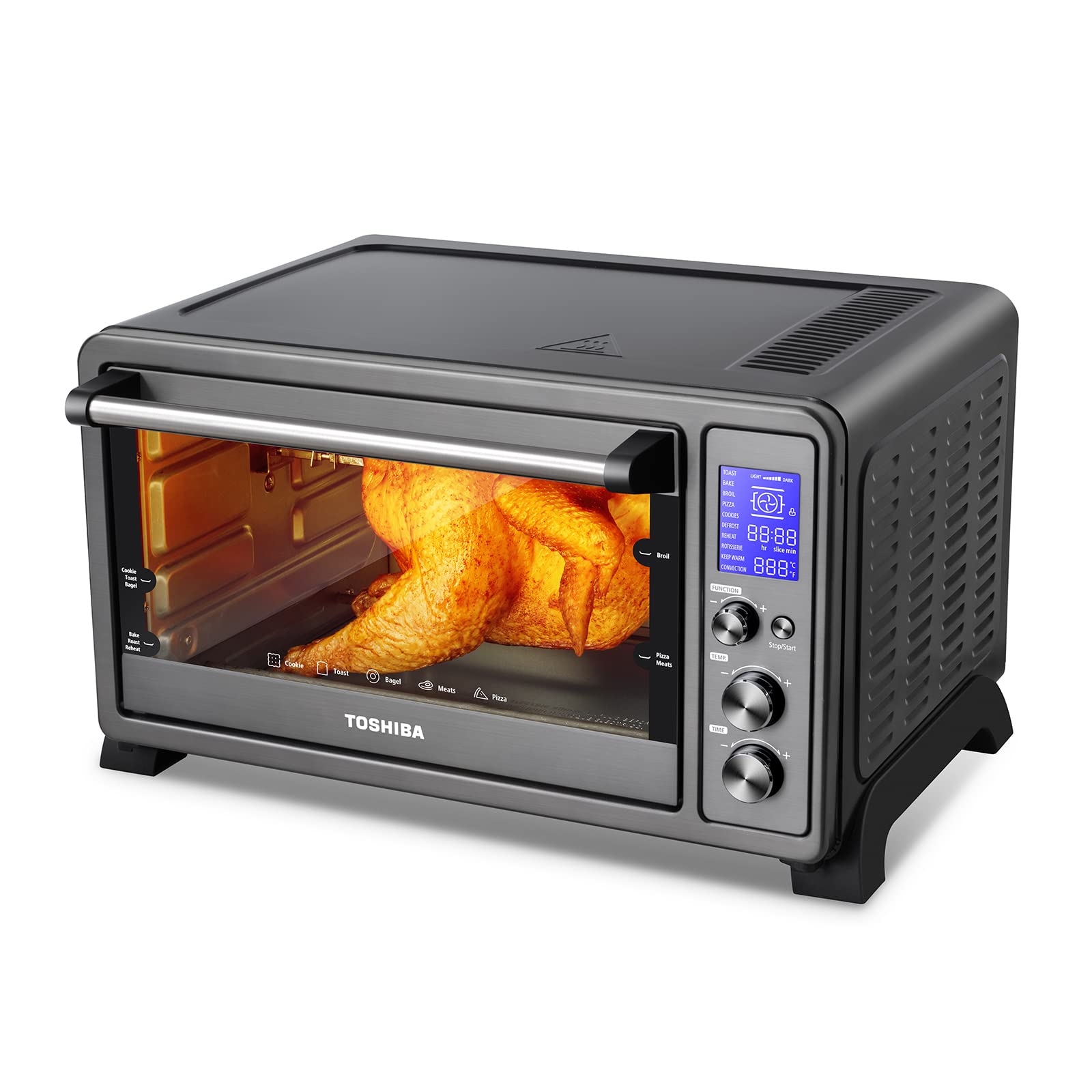TOSHIBA AC25CEW-BS Large 6-Slice Convection Toaster Oven Countertop  10-In-One with Toast  Pizza and Rotisserie  1500W  Black Stainless Steel  Includes 6 Accessories