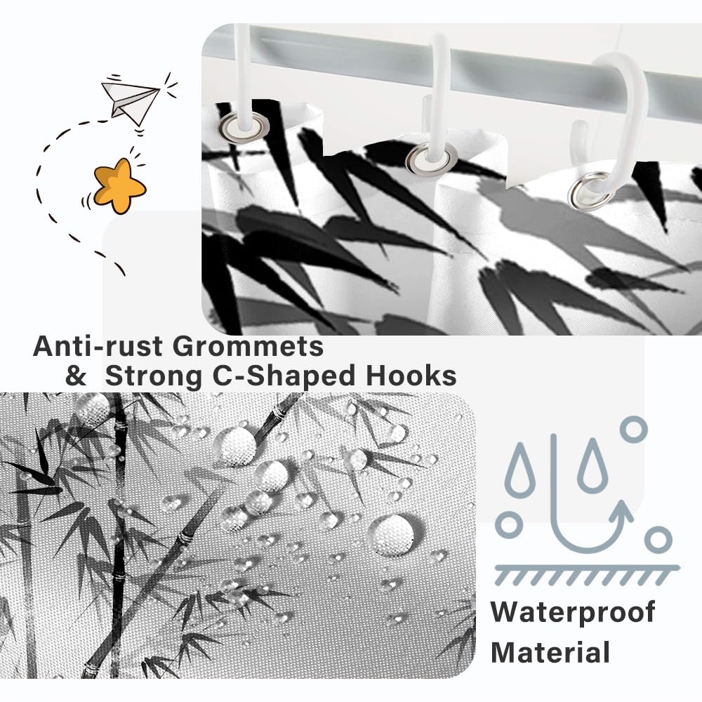 Ruelvth Stall Shower Curtain, Aesthetic Ink Bamboo Small Shower Curtain Set For Bathroom Waterproof Fabric Black And White Rv Ba