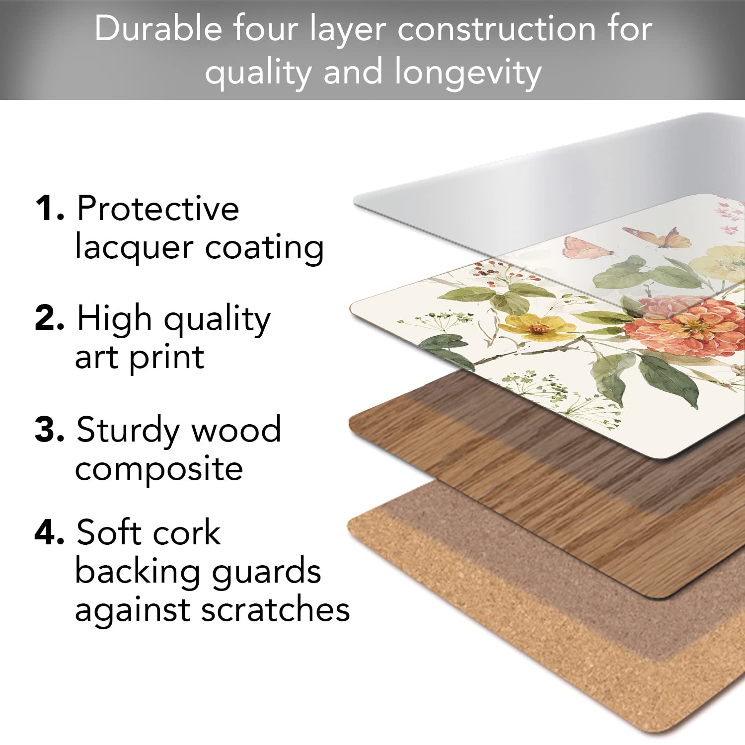Cala Home Blessed By Nature Premium Decorative Hardboard Cork Back Tabletop Placemats 4 Pack Manufactured In The Usa Heat Tolera