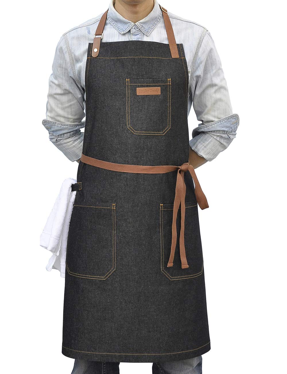 Dingsay Trendy Denim Chef Apron With Pockets, Mens Womens Professional Kitchen Bib Black Apron For Cooking Grill Bbq Server, Wit