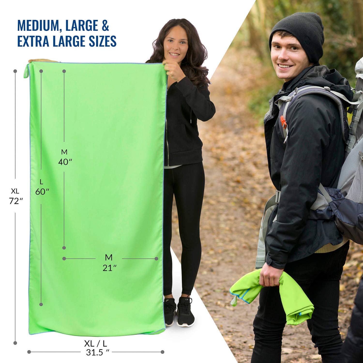 VENTURE 4TH Quick Dry Microfiber Towel - Odor Resistant  High Performance Towels for Gym  Camping  Travel  Yoga and Beach (Green-Blue Large) - Includes Tear Resistant Bag