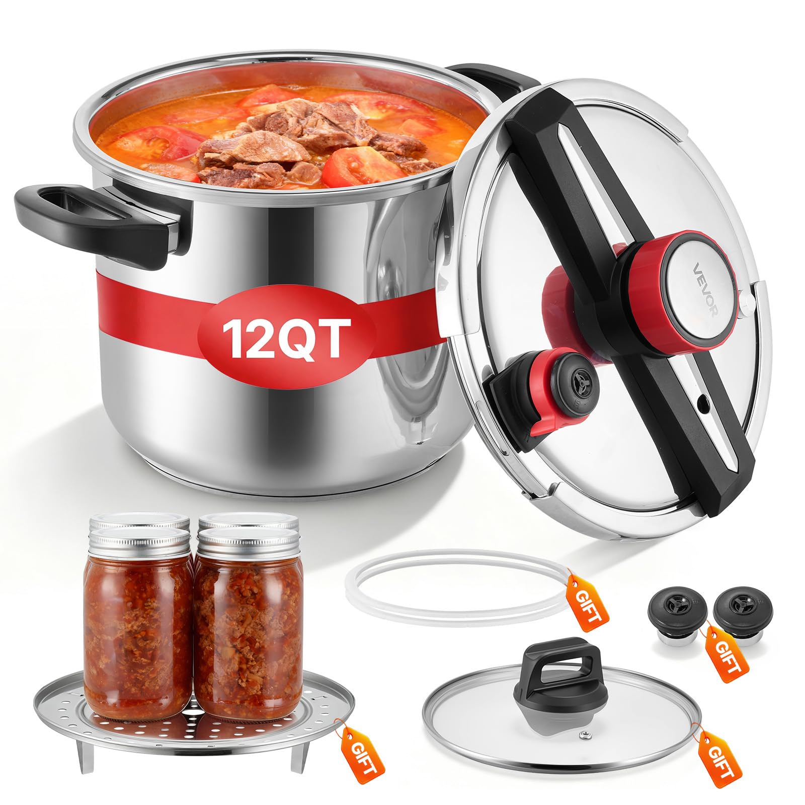 VEVOR Pressure Cooker, 12Qt Pressure Cooker Stainless Steel, Pressures Canner with Steaming Rack, Tempered Glass Lid, 3 Pressure