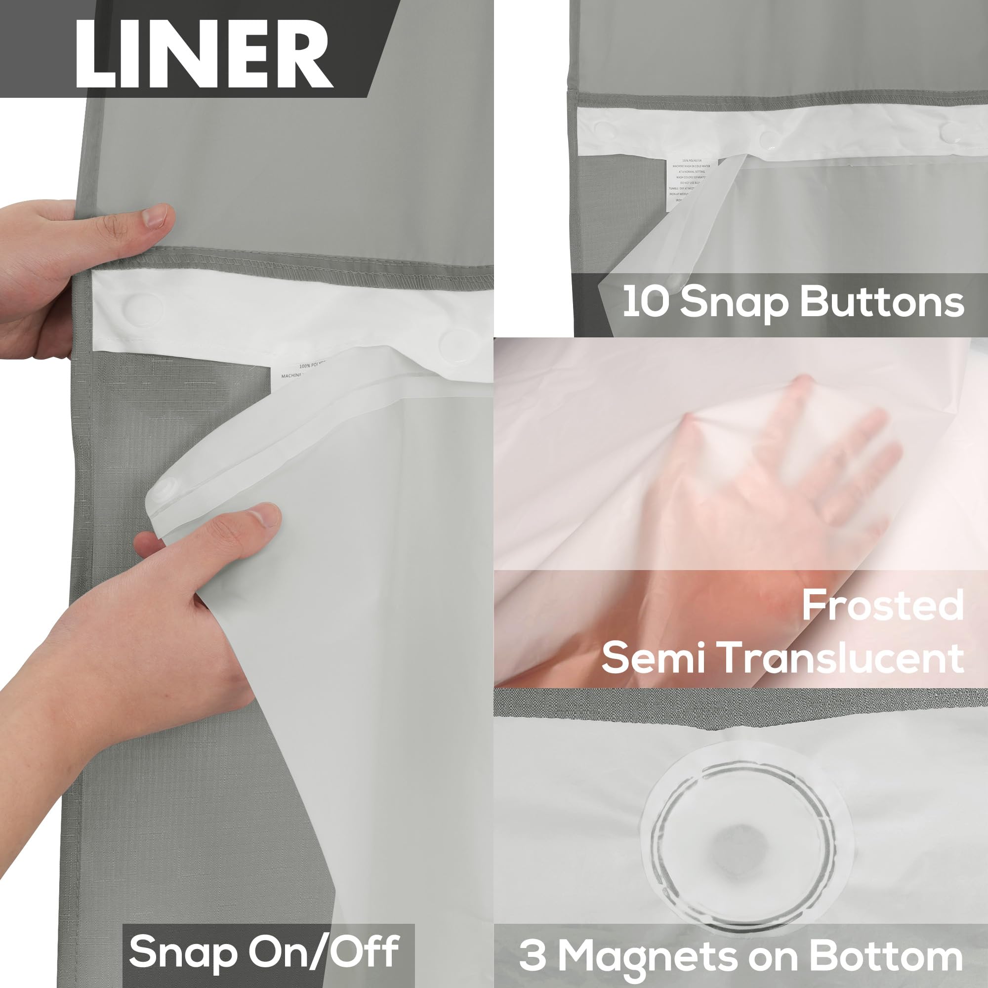 No Hook Slub Textured Shower Curtain with Waterproof PEVA Liner Set - 71'' x 74''(72'')  Hotel Style with See Through Top Window  Fabric Curtain & Waterproof Liner for Bathroom  Dark Gray  71x74