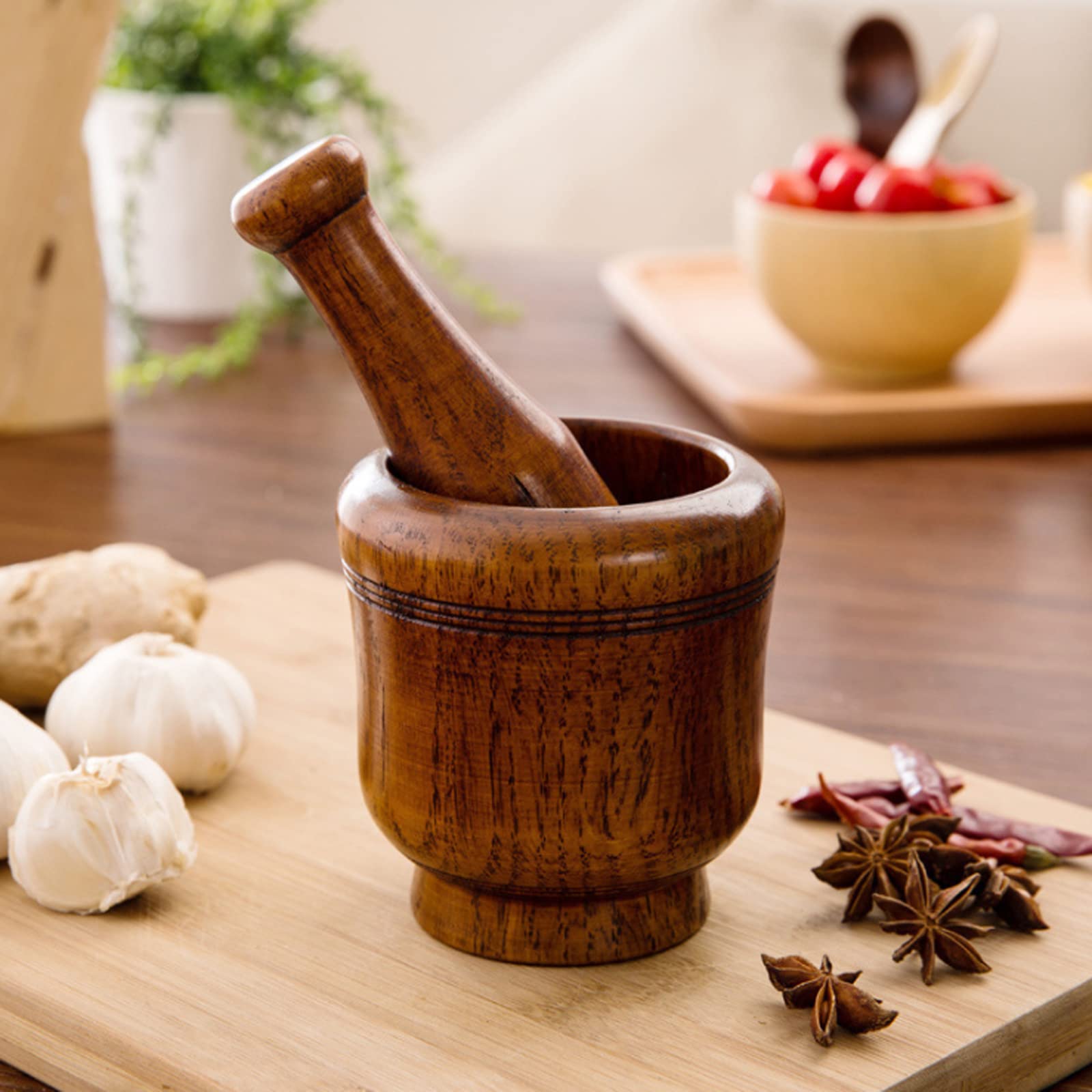 Luvitory Mortar And Pestle Set, Wooden Spice Grinder Manual Garlic Masher Pepper Press Ginger Crusher Herb Spices Grinder Set Ki