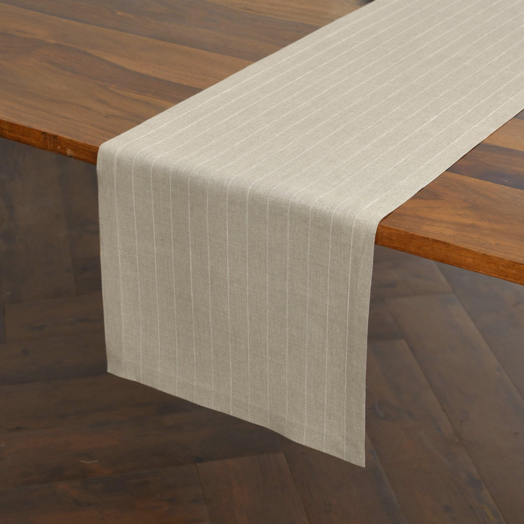 Solino Home Pinstripe Linen Natural And White Table Runner 108 Inches Long - 100% Pure Linen Dining Table Runner 18 X 108 Inch I