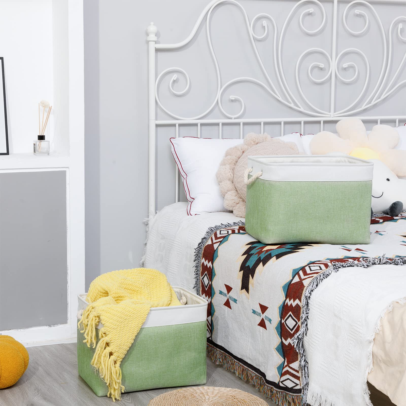 Bidtakay Baskets Fabric Closet Organizer Set Of 2 Green Collapsible Storage Bins With Handles 16X12X12 In Large Decorative Tall