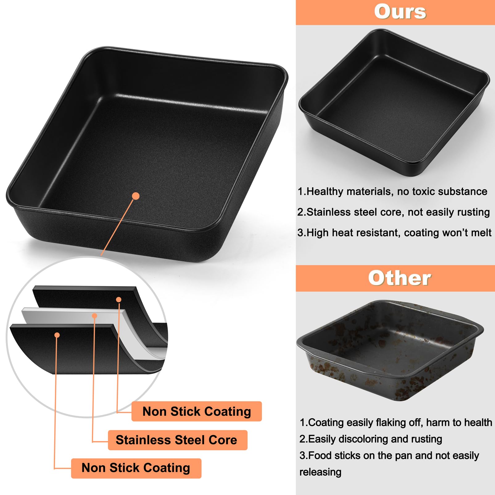 Teamfar 8 Inch Cake Pan, Square Cake Baking Pan & Plastic Lid Set With Stainless Steel Core & Nonstick Coating, For Baking Brown