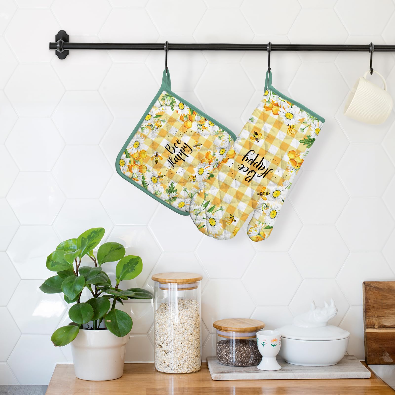 Arquiel Bee Daisy Oven Mitts And Pot Holders Sets 100% Cotton Heat Resistant, Extra Long Oven Gloves Potholder For Kitchen Cooki