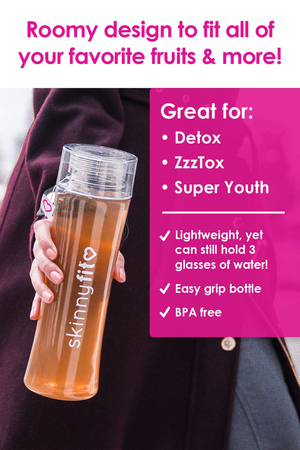 Skinnyfit 24 Oz. Detox Bottle, Bpa-Free, Perfect For Iced Drinks, Leak Proof Water Bottle For Travel, Fitness, Outdoor, Gym Or S