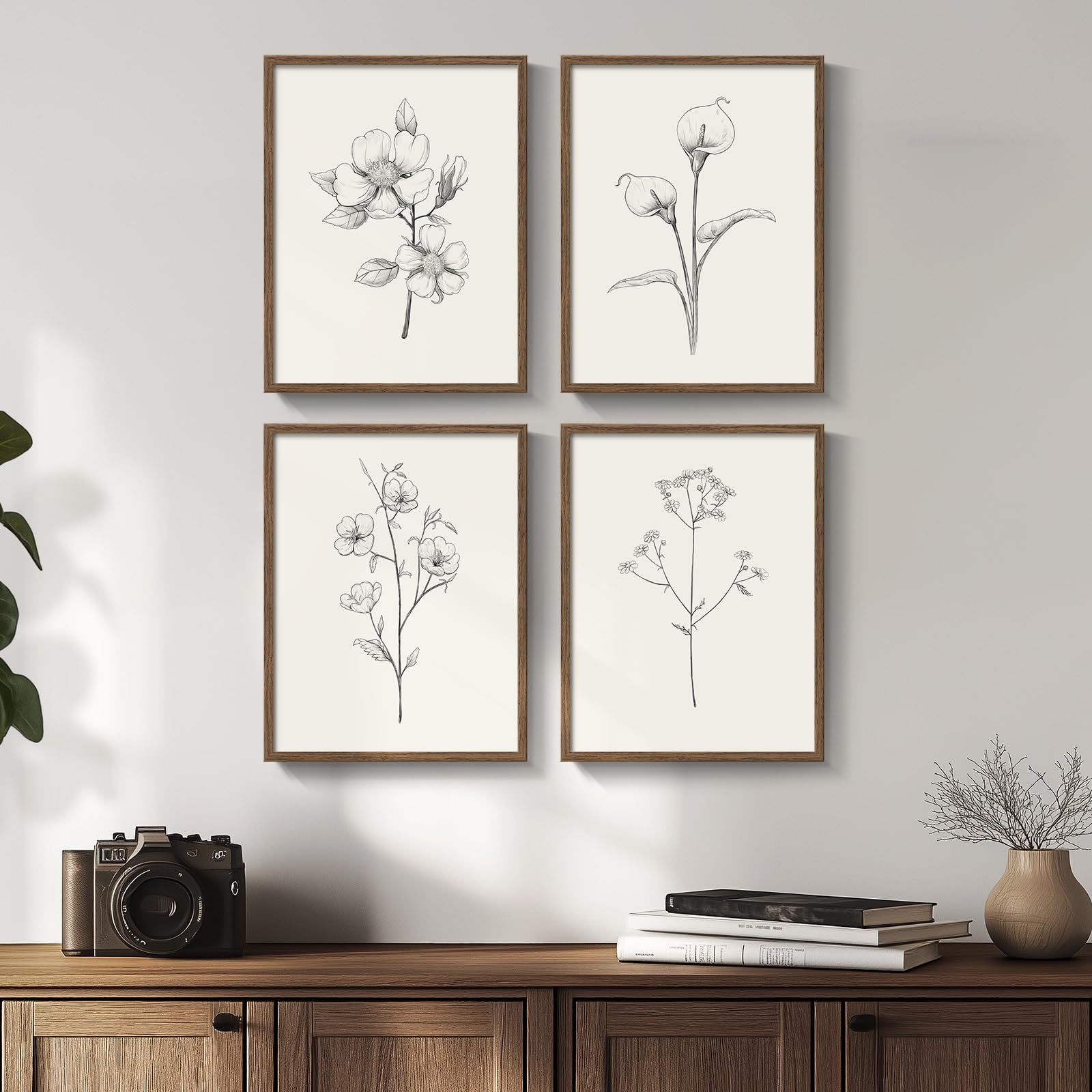 Black And White Floral Wall Art With Walnut Framed, Set Of 4 Rustic Canvas Paintings Prints Artwork For Walls, Minimalist Flower