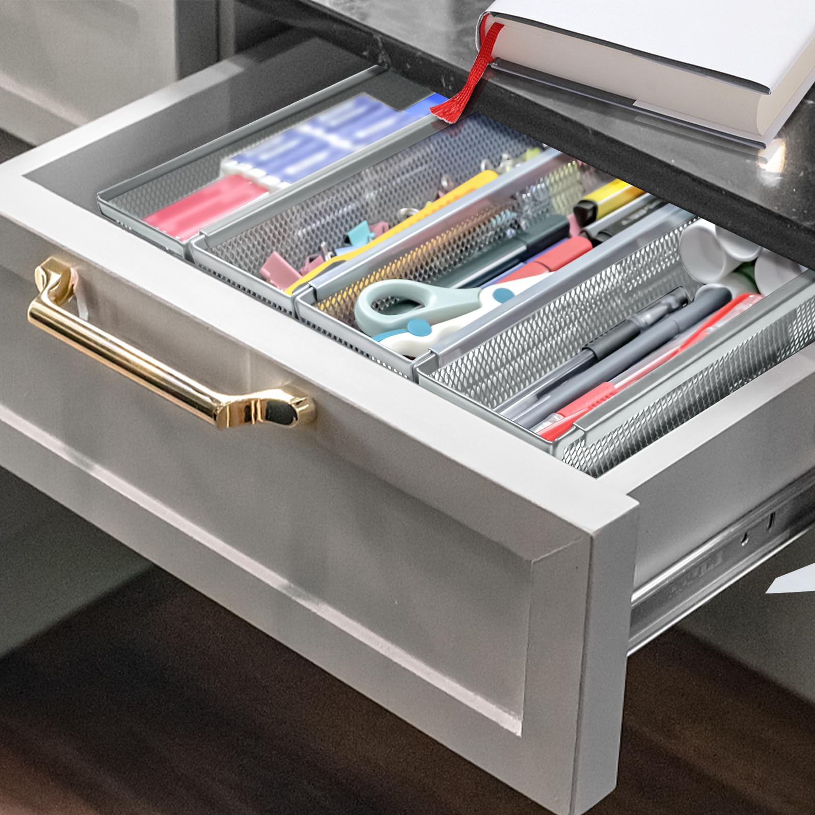 Fodofodo 2Pcs Drawer Organizer,Drawer Organizer For Kitchen,Utensil Mesh Drawer Organizer With Interlocking Arm For Cosmetic,Fla