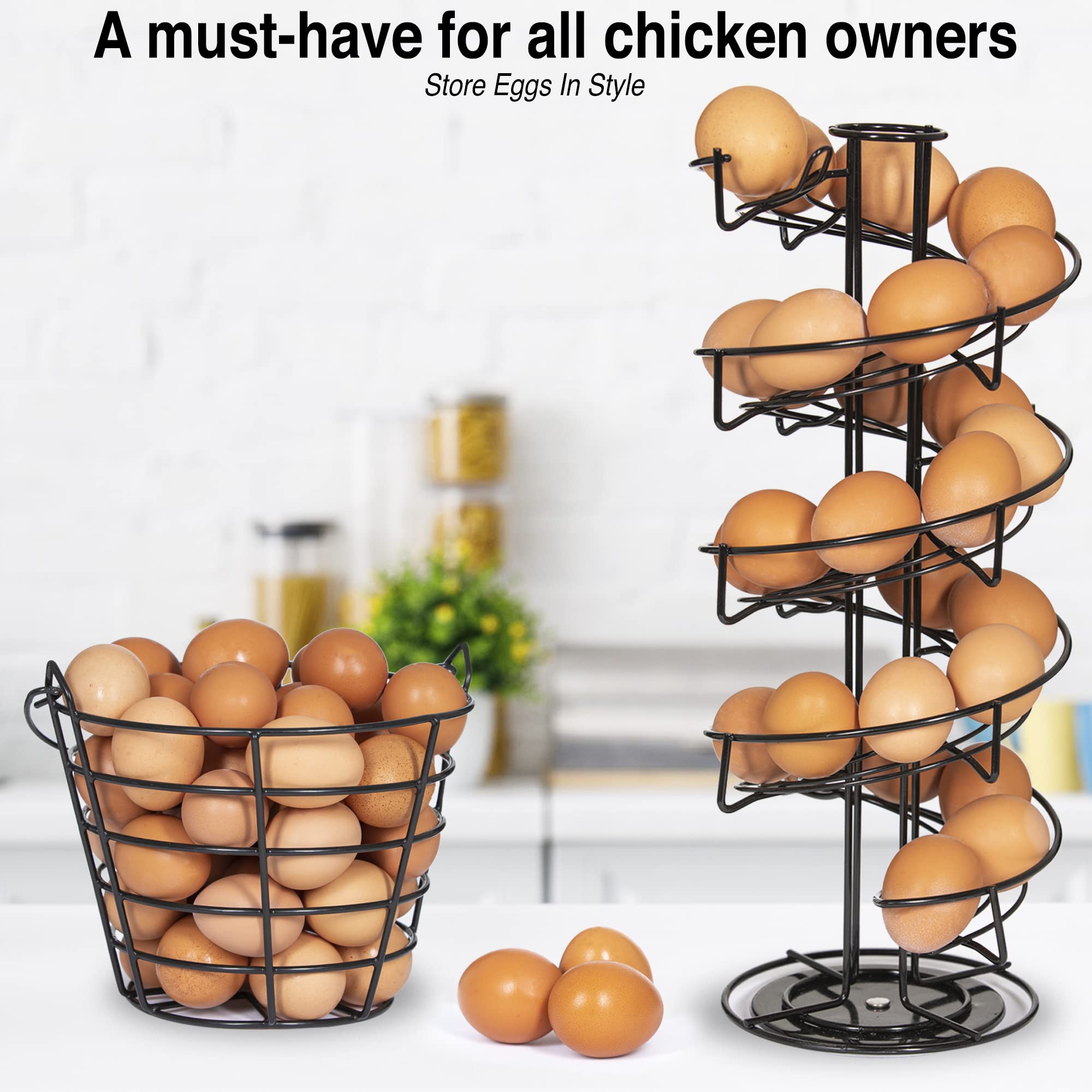 Woodland Acres Rotating Spiral Egg Dispensing Rack, Egg Skelter, Countertop Egg Storage & Display. Includes Matching Egg Collect