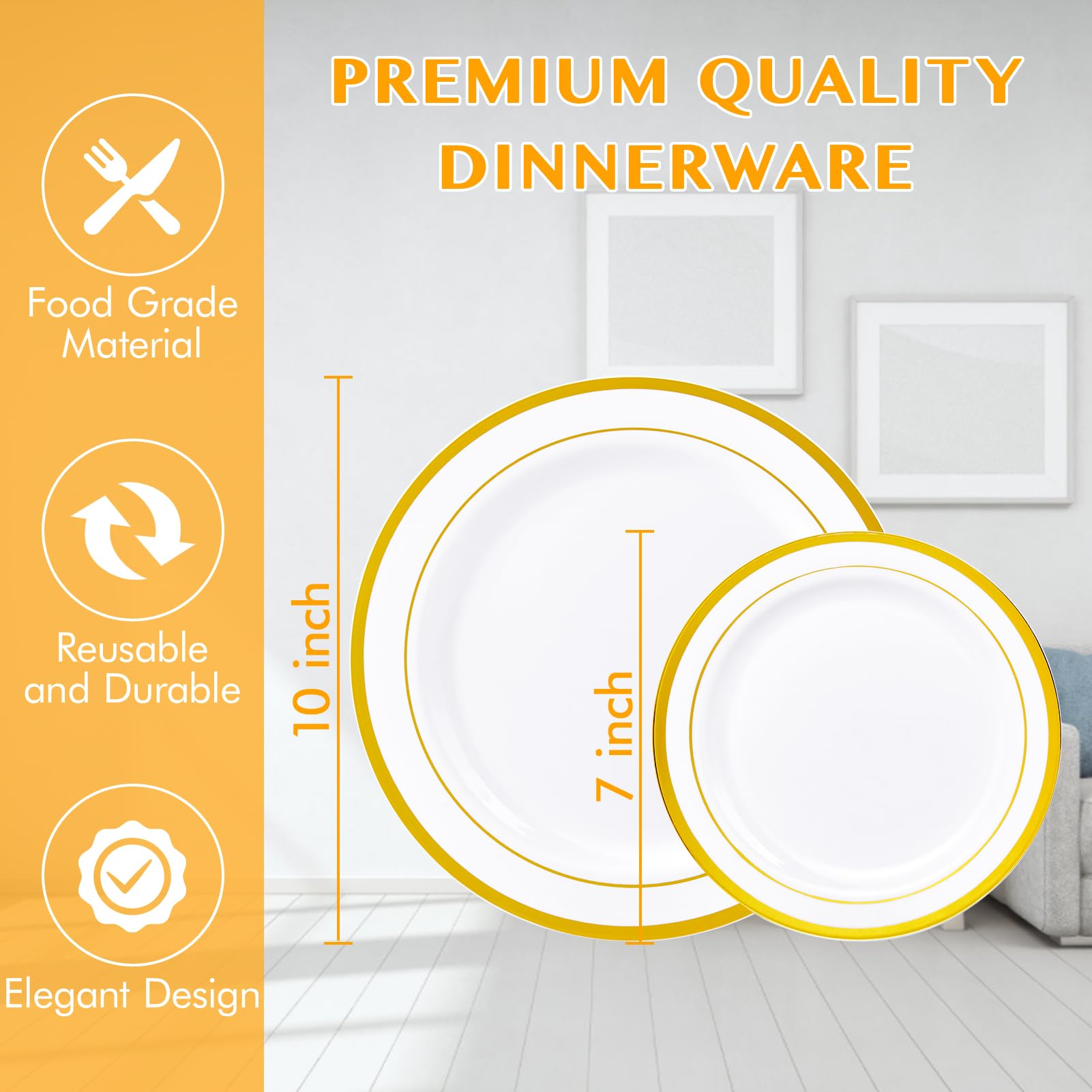Jollypack 100 Piece Plastic Party Plates, Disposable Gold Plastic Plates, Include 10 Inch Disposable Dinner Plates 50Pcs And 7 I