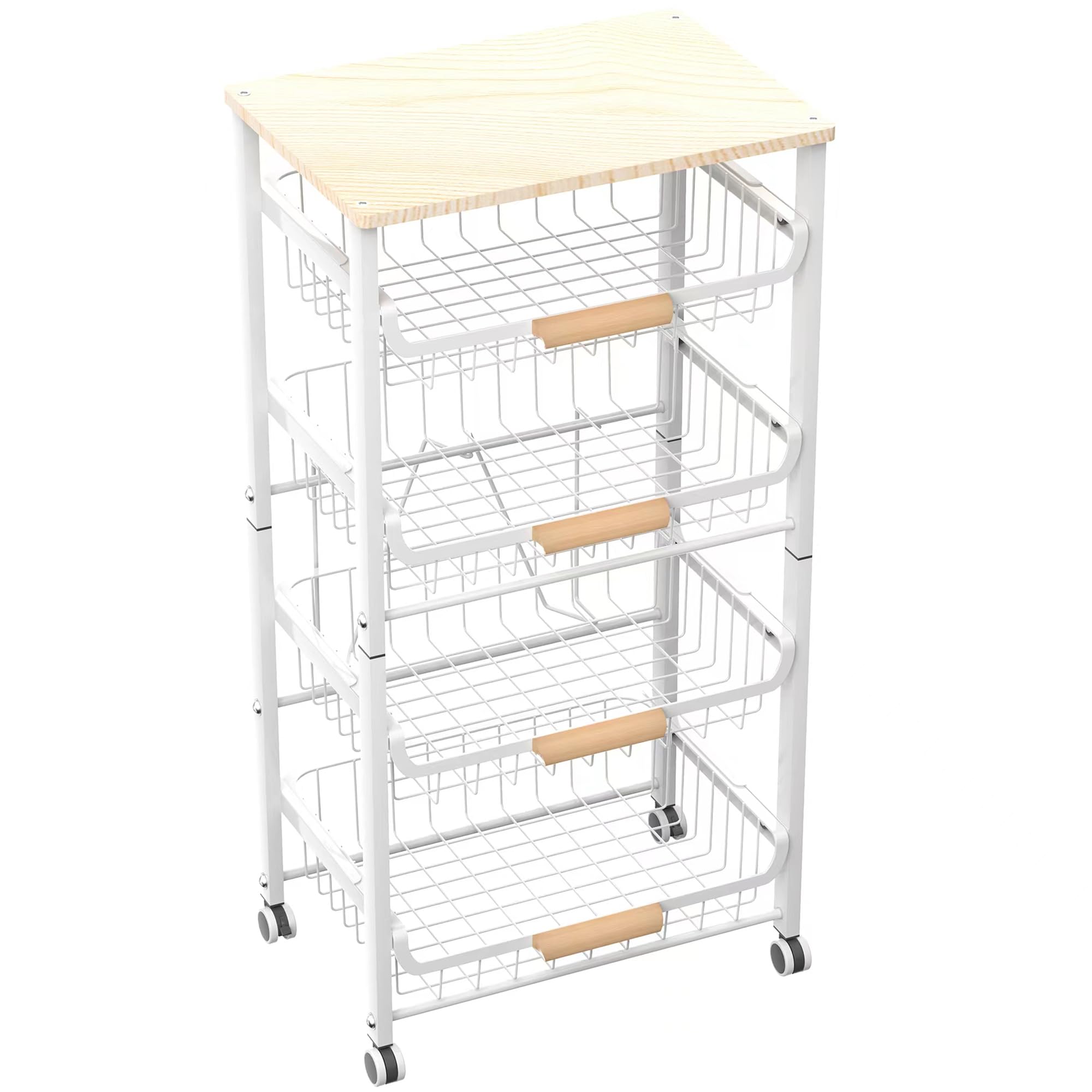 Niuyichee Fruit Basket Kitchen Pantry Organizers And Storage - Wooden Top Table,Pullable Metal Wire Basket Stand Cart For Fruit 
