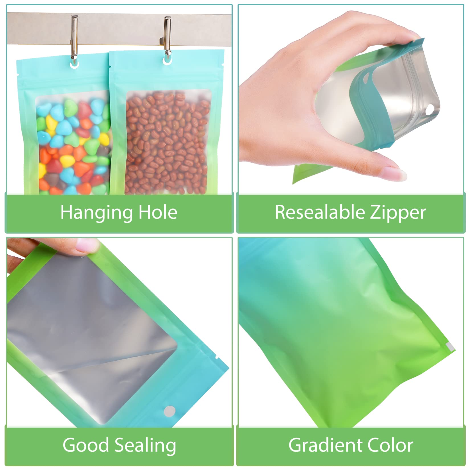 Funfery 100 Pack Resealable Bags Smell Proof Bags for Food Storage Clear Cute Mylar Bags for Small Business Foil Pouch Ziplock Packaging Bags for Sample Jewelry Eyelash Gloss(Blue Green  4?6in)