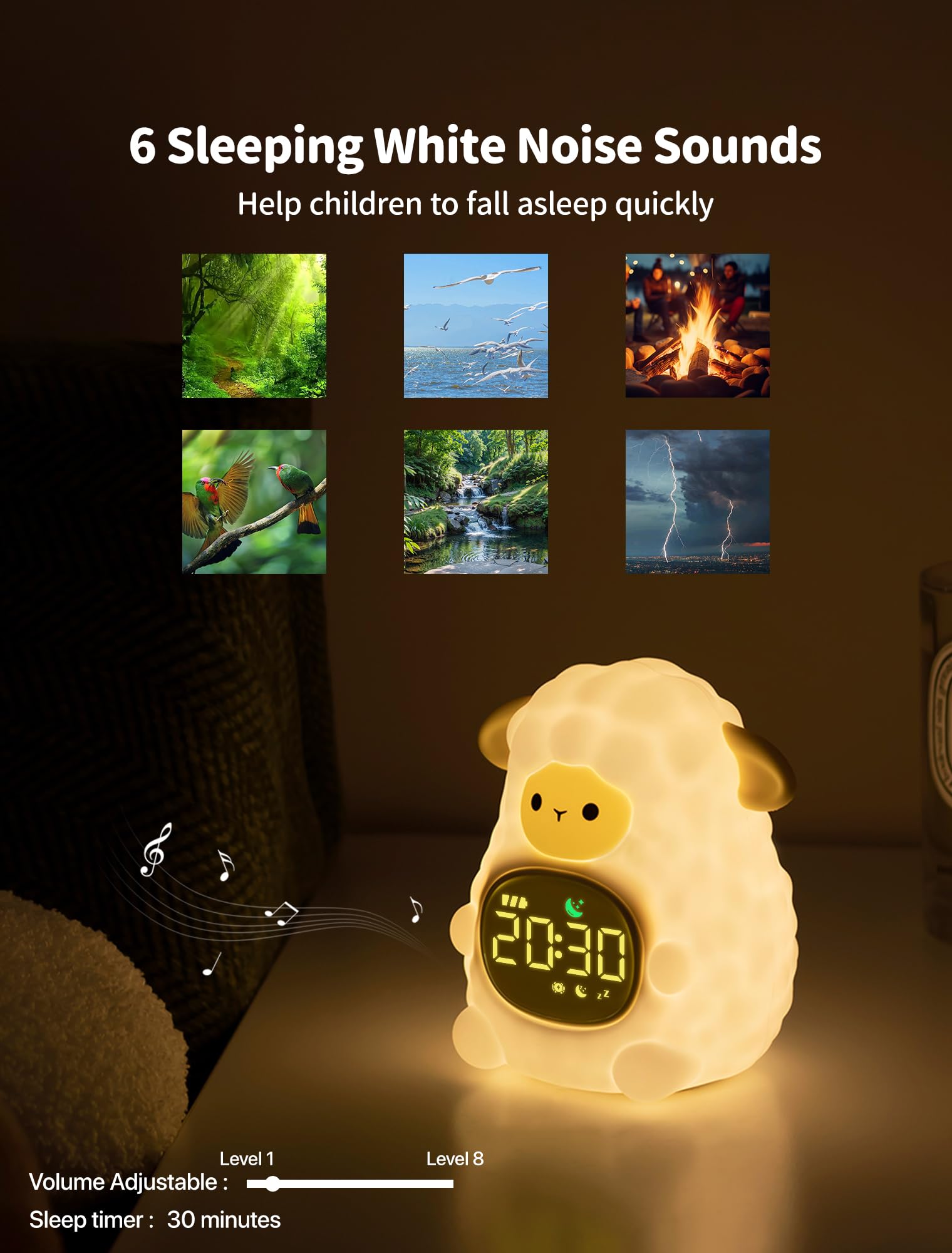 MASHI Sheep Alarm Clock, Toddler Sleep Training Clock with Sun & Moon, Sleep Sound Machine, Night Lights, Alarm Clock for Kids,