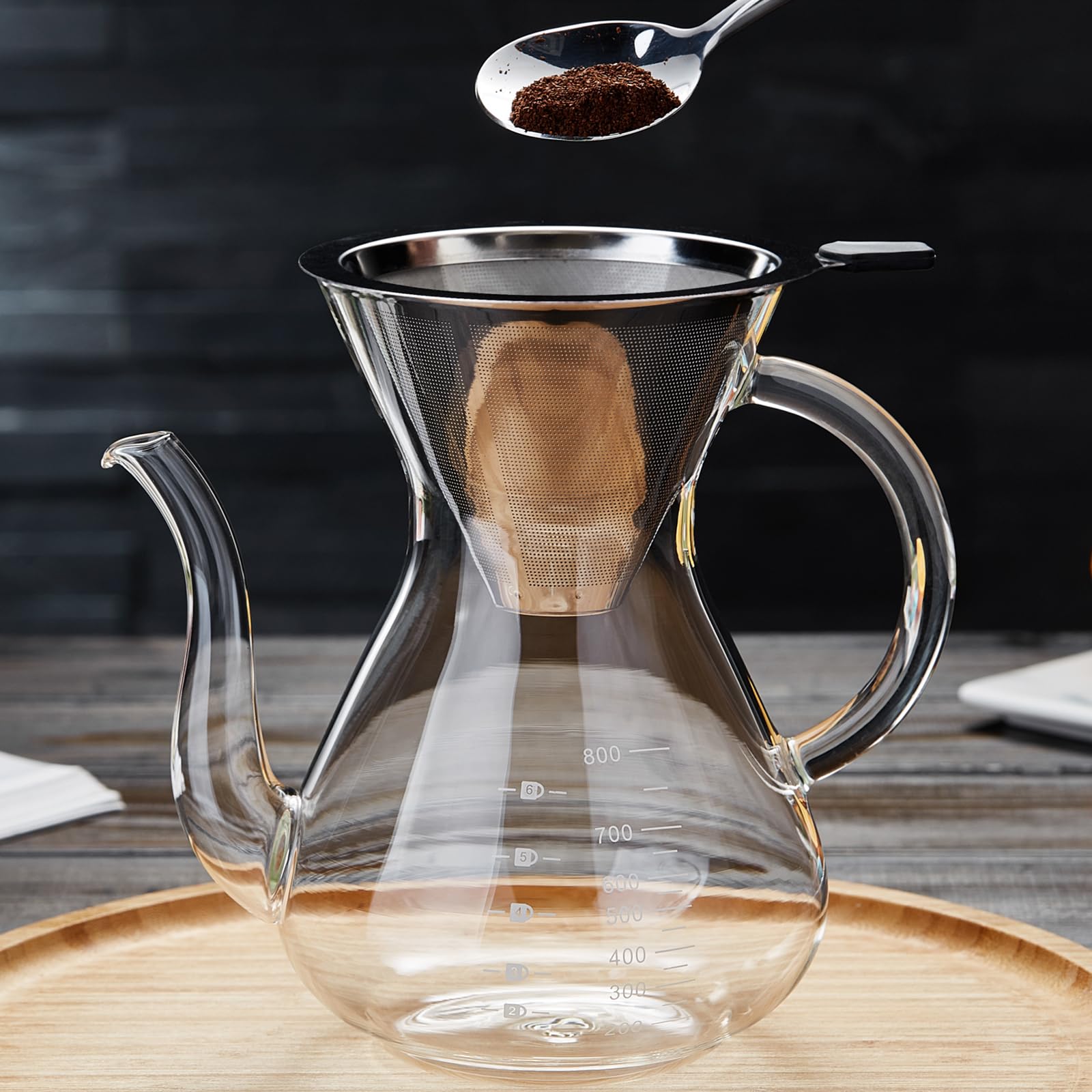 Unbreakable Pour Over Coffee Maker With Double Stainless Filter 8-Cup, Thickened Heat-Resistant Borosilicate Glass Pour Over Cof